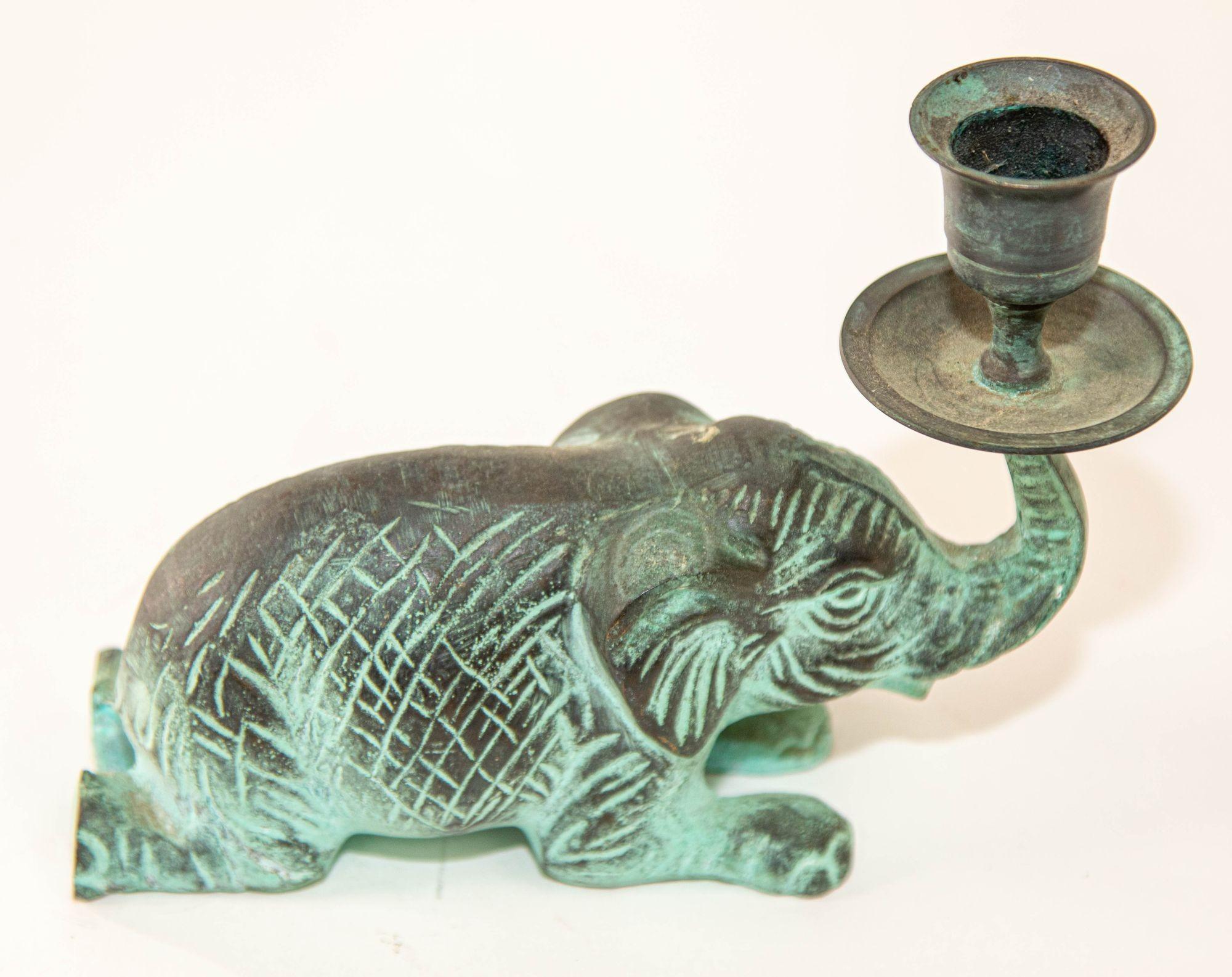 Vintage Bronze Patinated Green Metal Elephant Candle Holder Fortune Trunk Up 2