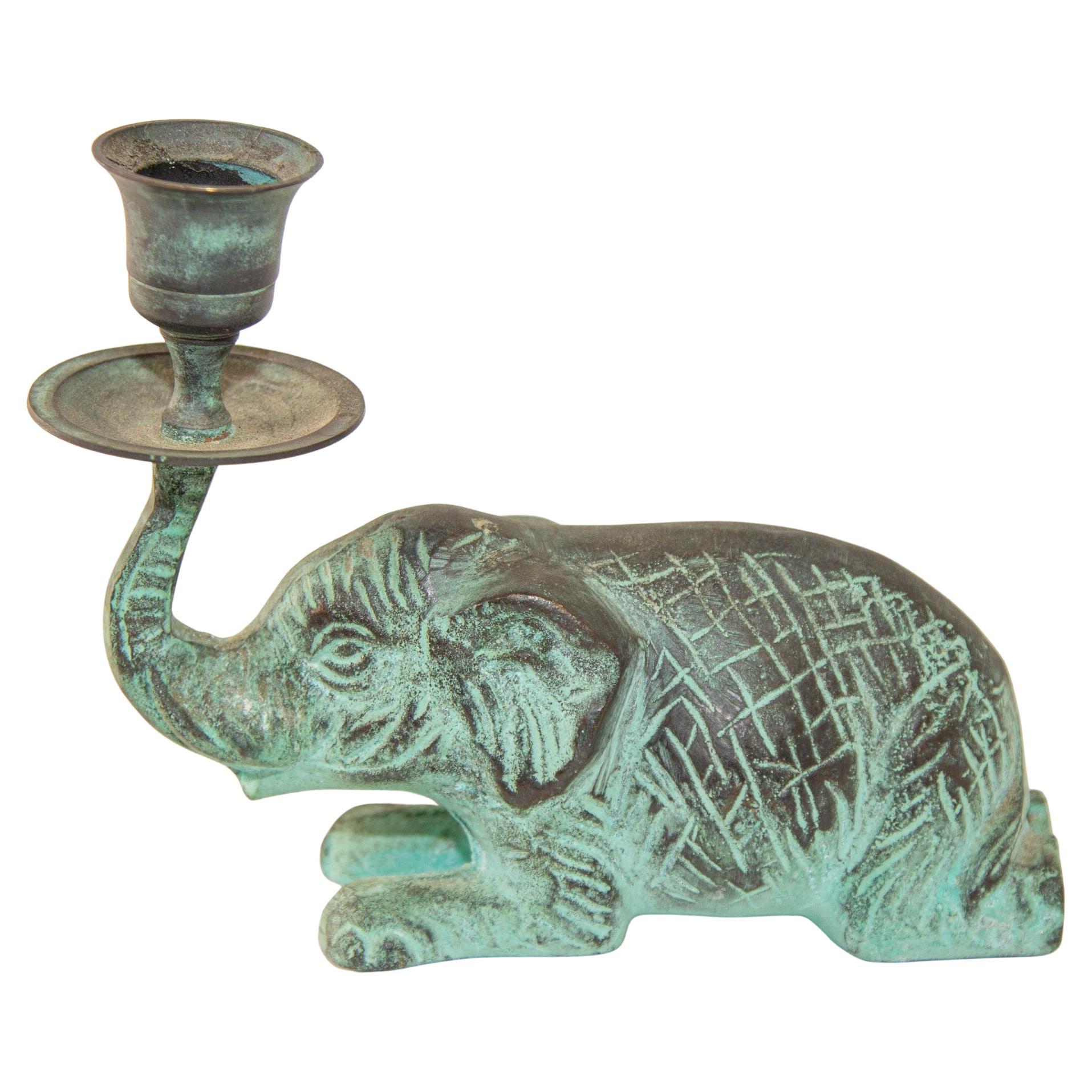Vintage Bronze Patinated Green Metal Elephant Candle Holder Fortune