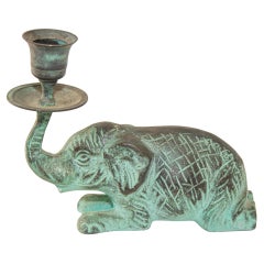 Vintage Bronze Patinated Green Metal Elephant Candle Holder Fortune Trunk Up