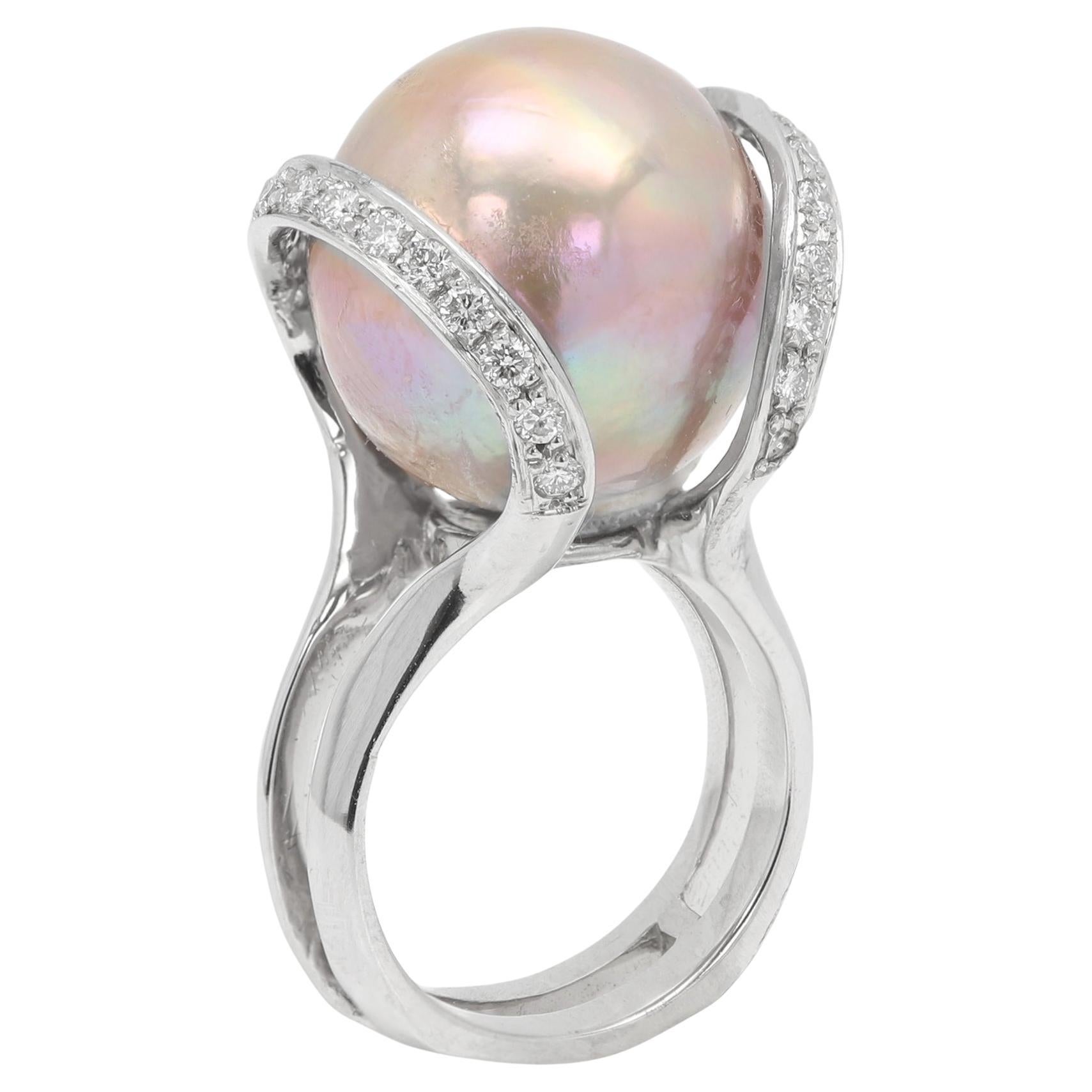 Vintage Bronze Perlenring Natürliche Südsee massiv 14 Karat und Diamanten