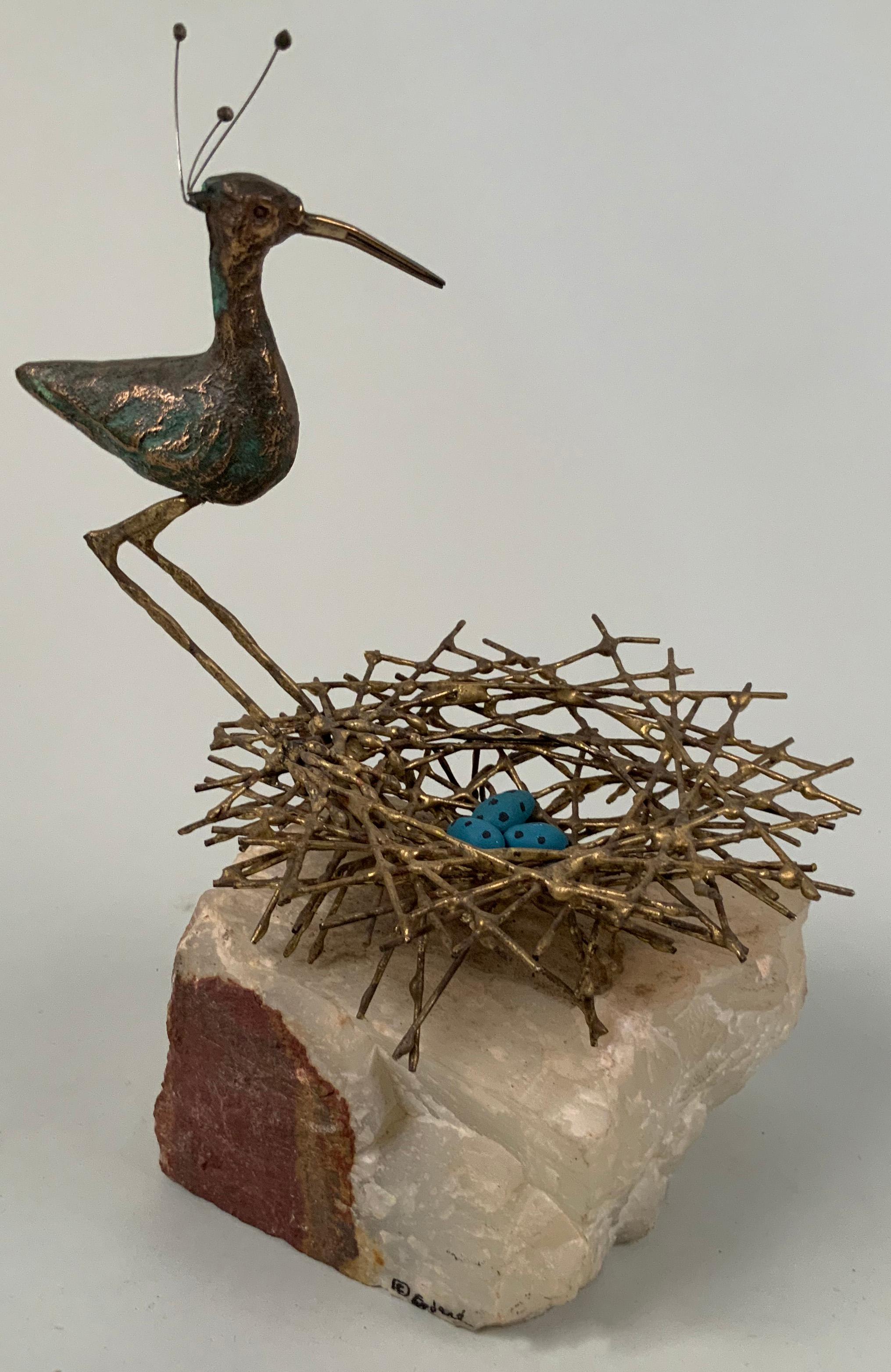Mid-Century Modern Vintage Bronze Plover with Nest on Marble by Curtis Jere