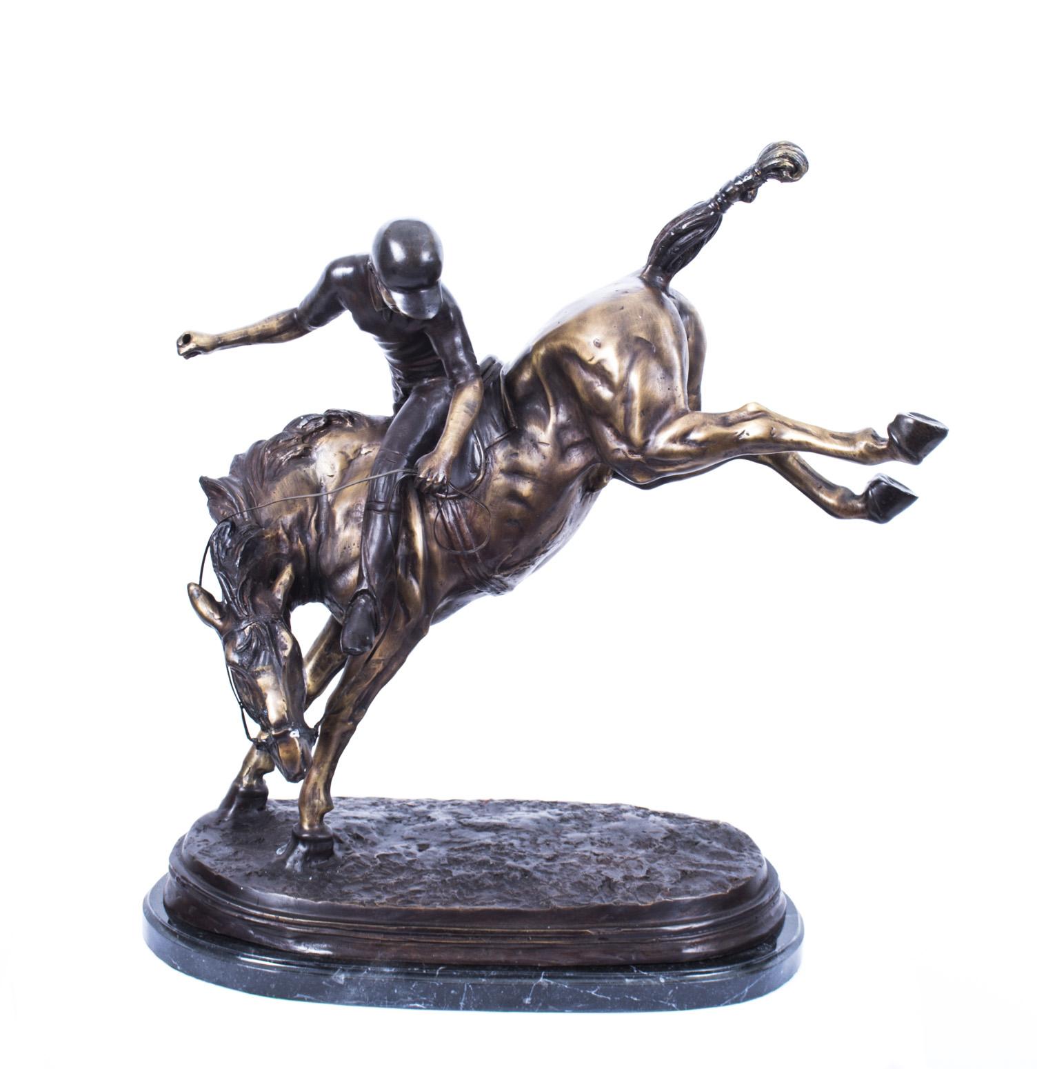 Vintage Bronze Polo Player Bucking a Horse Sculpture, 20th Century In Good Condition For Sale In London, GB