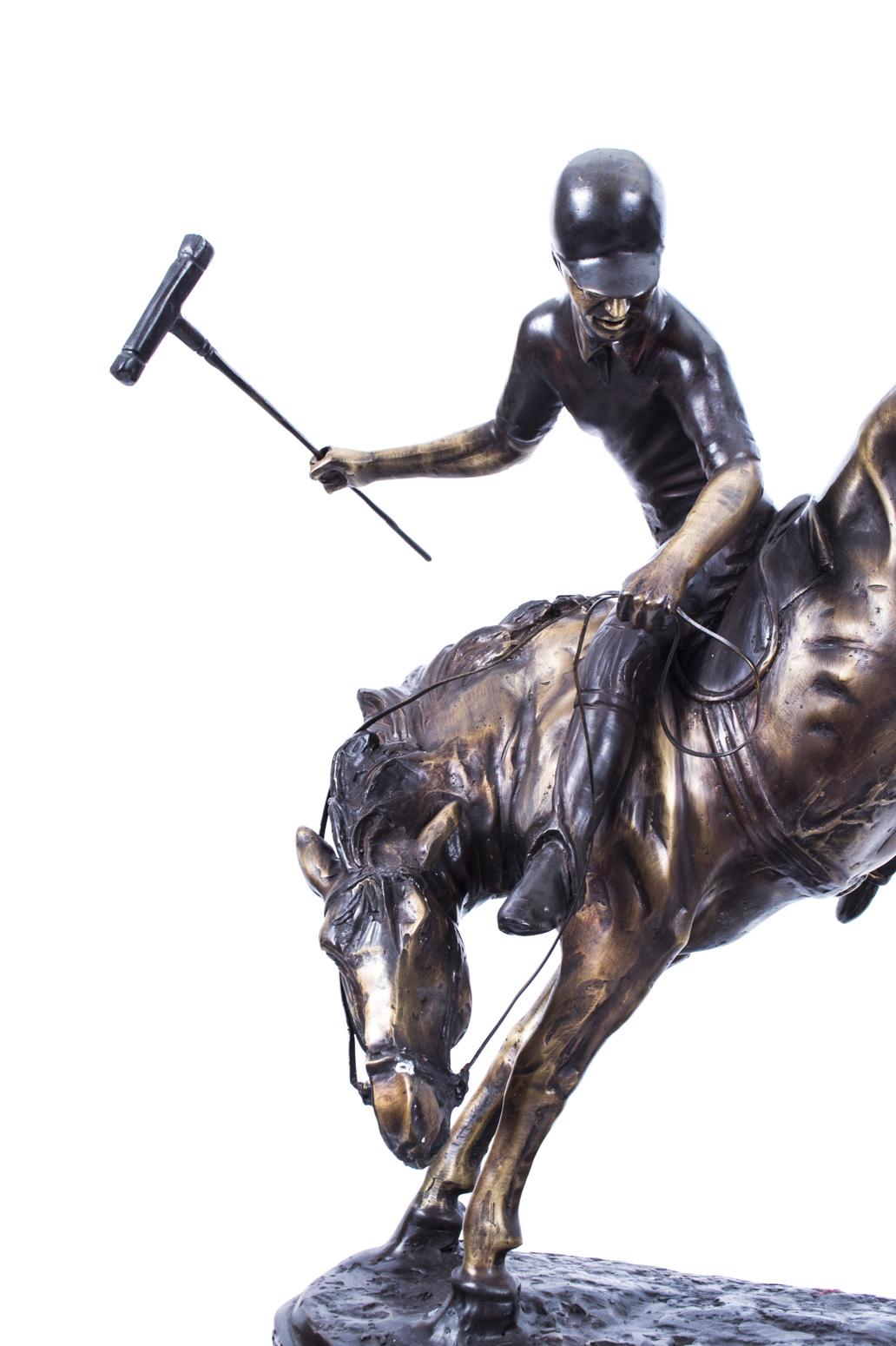 Late 20th Century Vintage Bronze Polo Player Bucking a Horse Sculpture, 20th Century