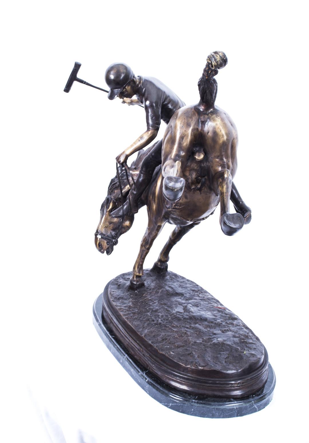 Vintage Bronze Polo Player Bucking a Horse Sculpture, 20th Century For Sale 2