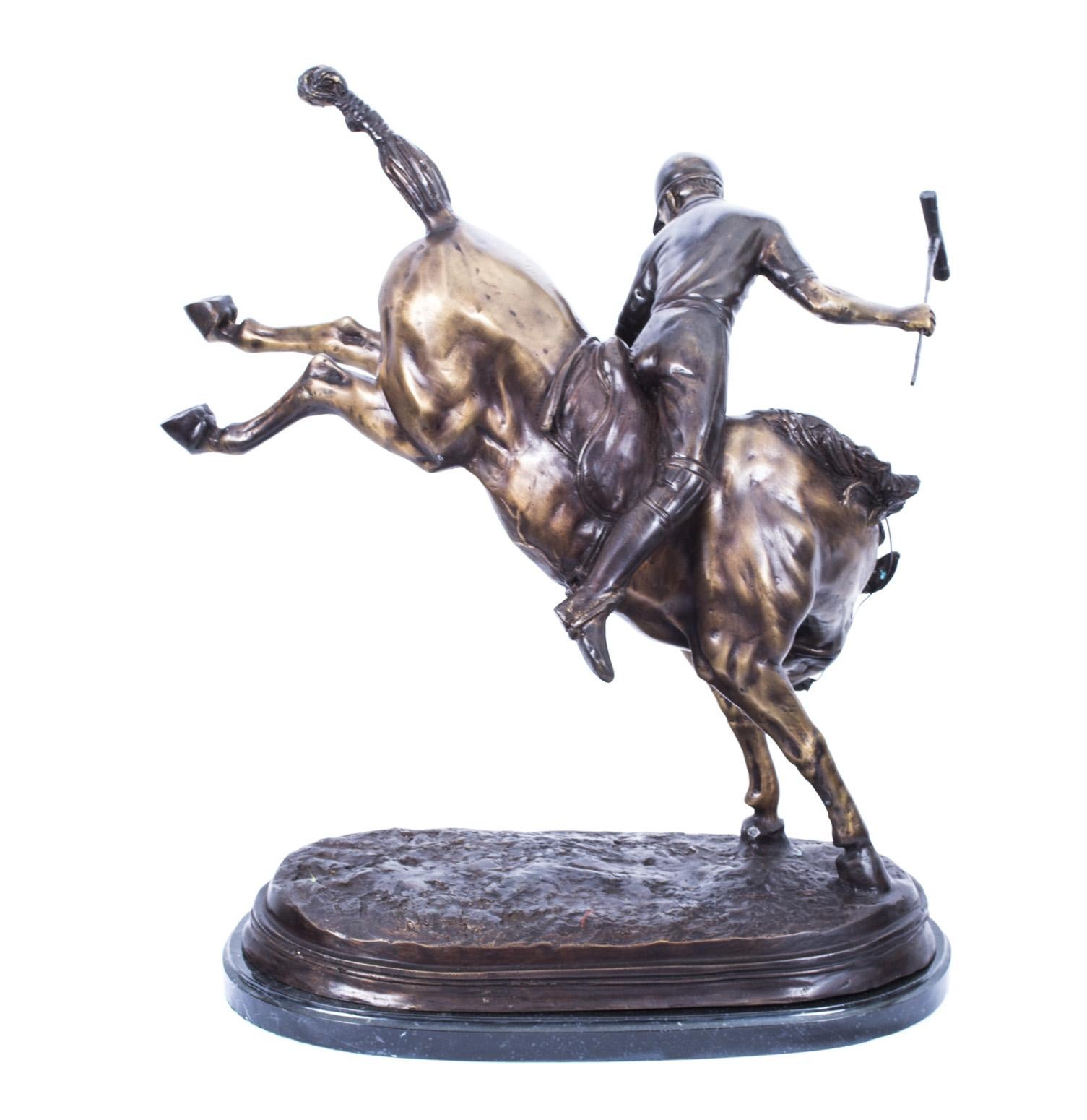 Vintage Bronze Polo Player Bucking a Horse Sculpture, 20th Century For Sale 3