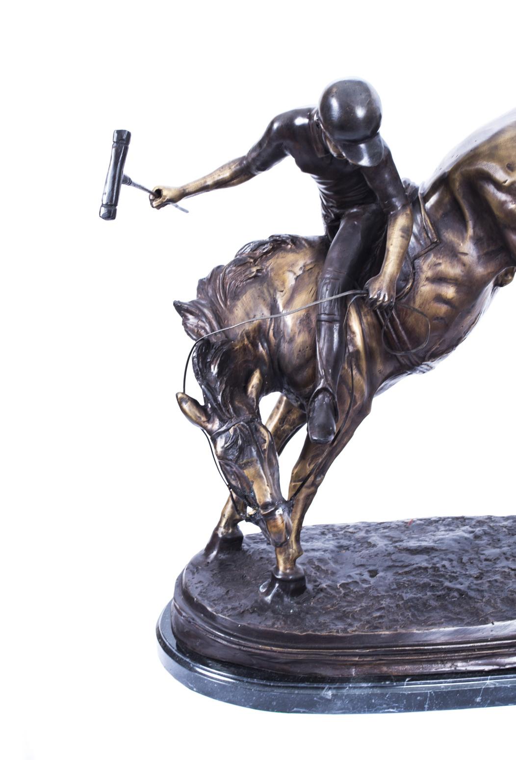 Vintage Bronze Polo Player Bucking a Horse Sculpture, 20th Century For Sale 4