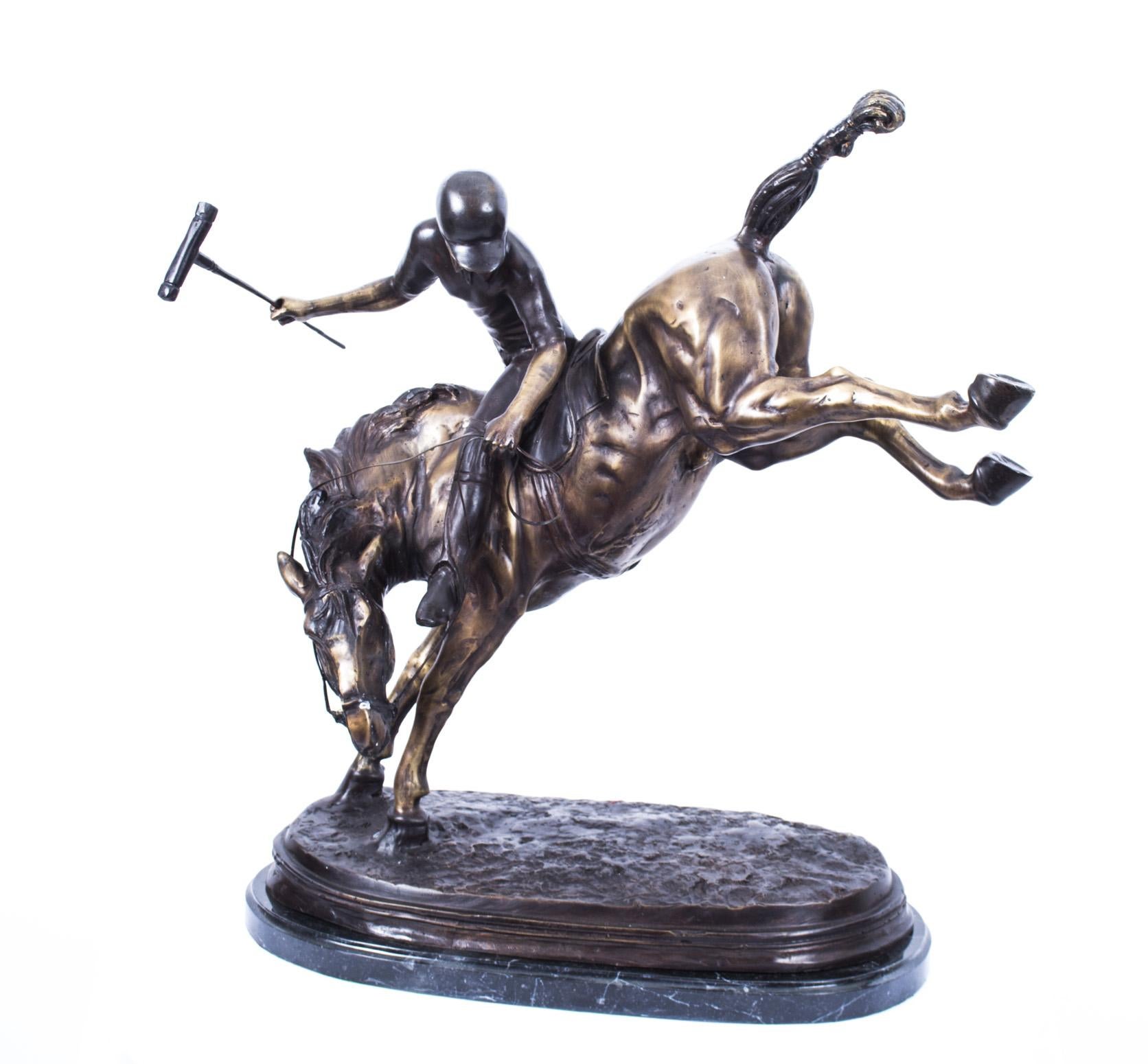 Vintage Bronze Polo Player Bucking a Horse Sculpture, 20th Century For Sale 5