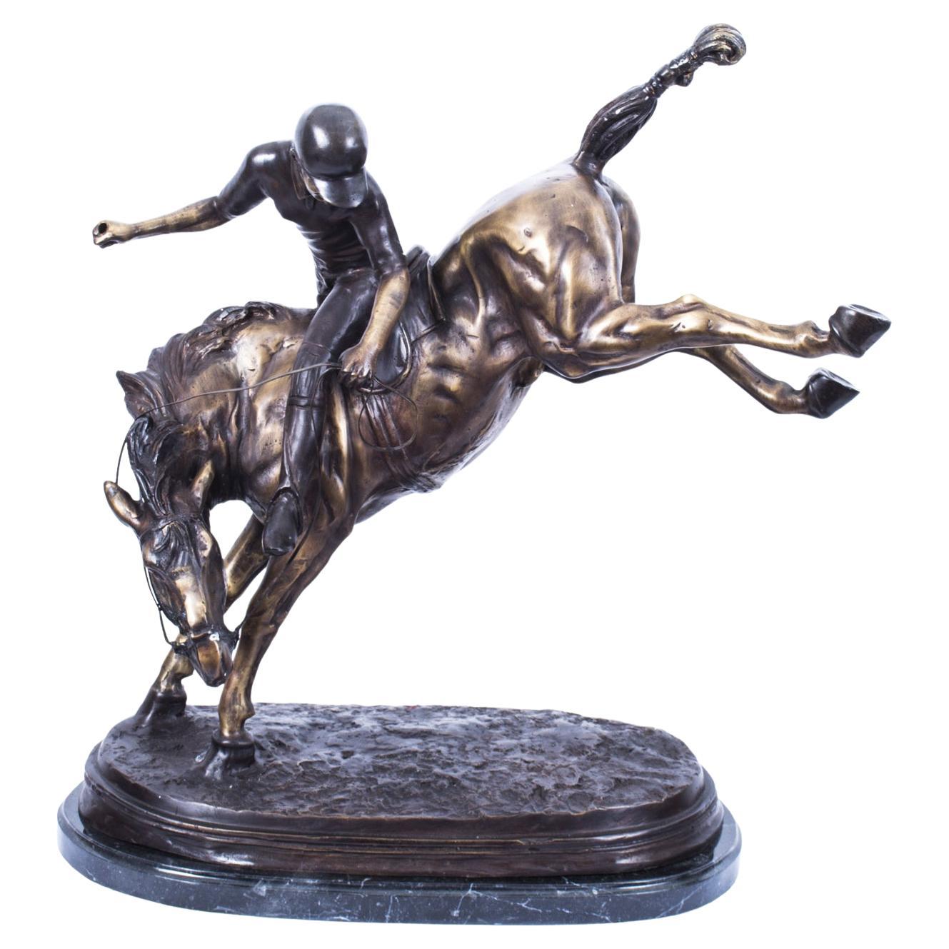 Vintage Bronze Polo Player Bucking a Horse Sculpture 20th Century