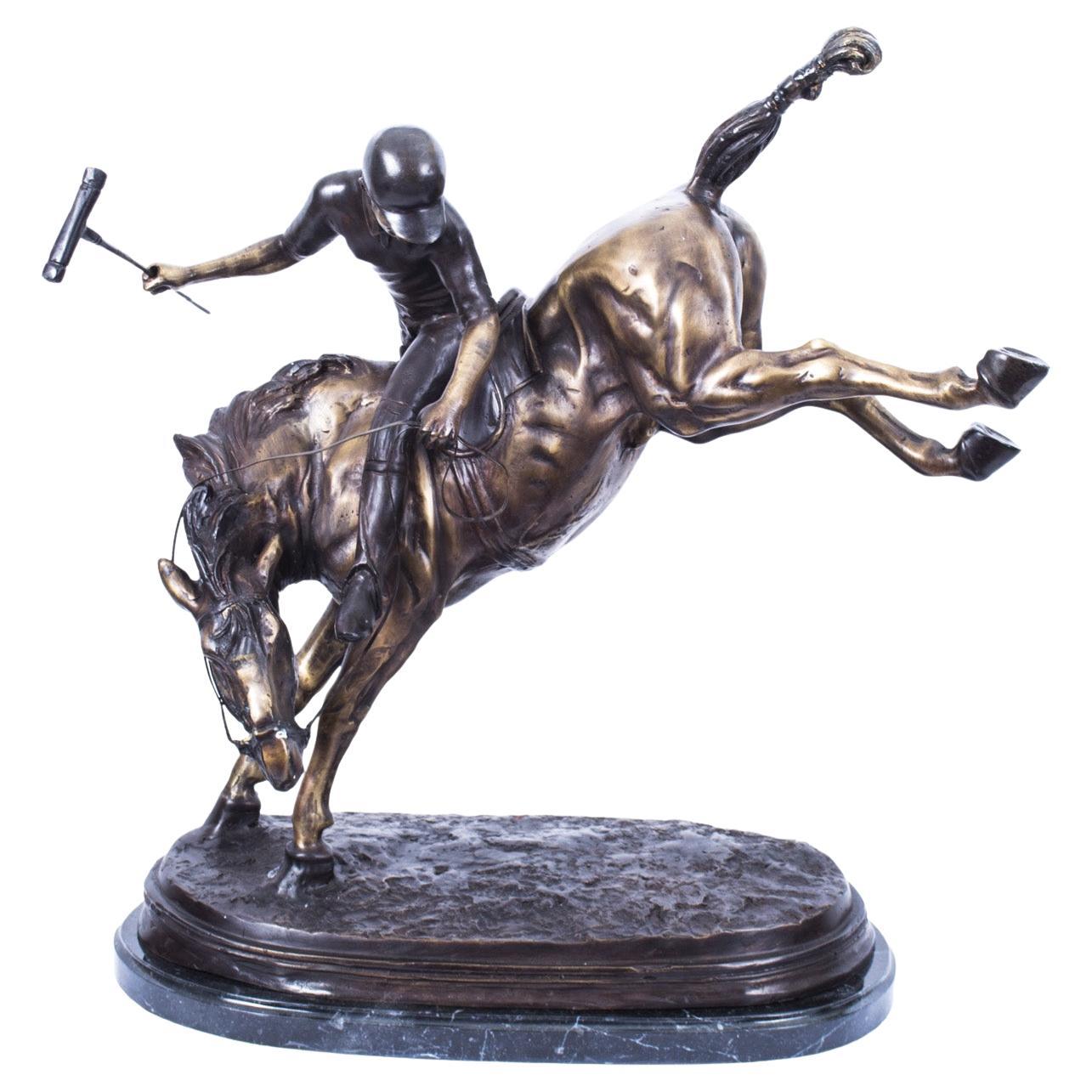 Vintage Bronze Polo Player Bucking a Horse Sculpture, 20th Century