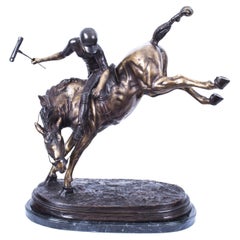 Antique Bronze Polo Player Bucking a Horse Sculpture, 20th Century