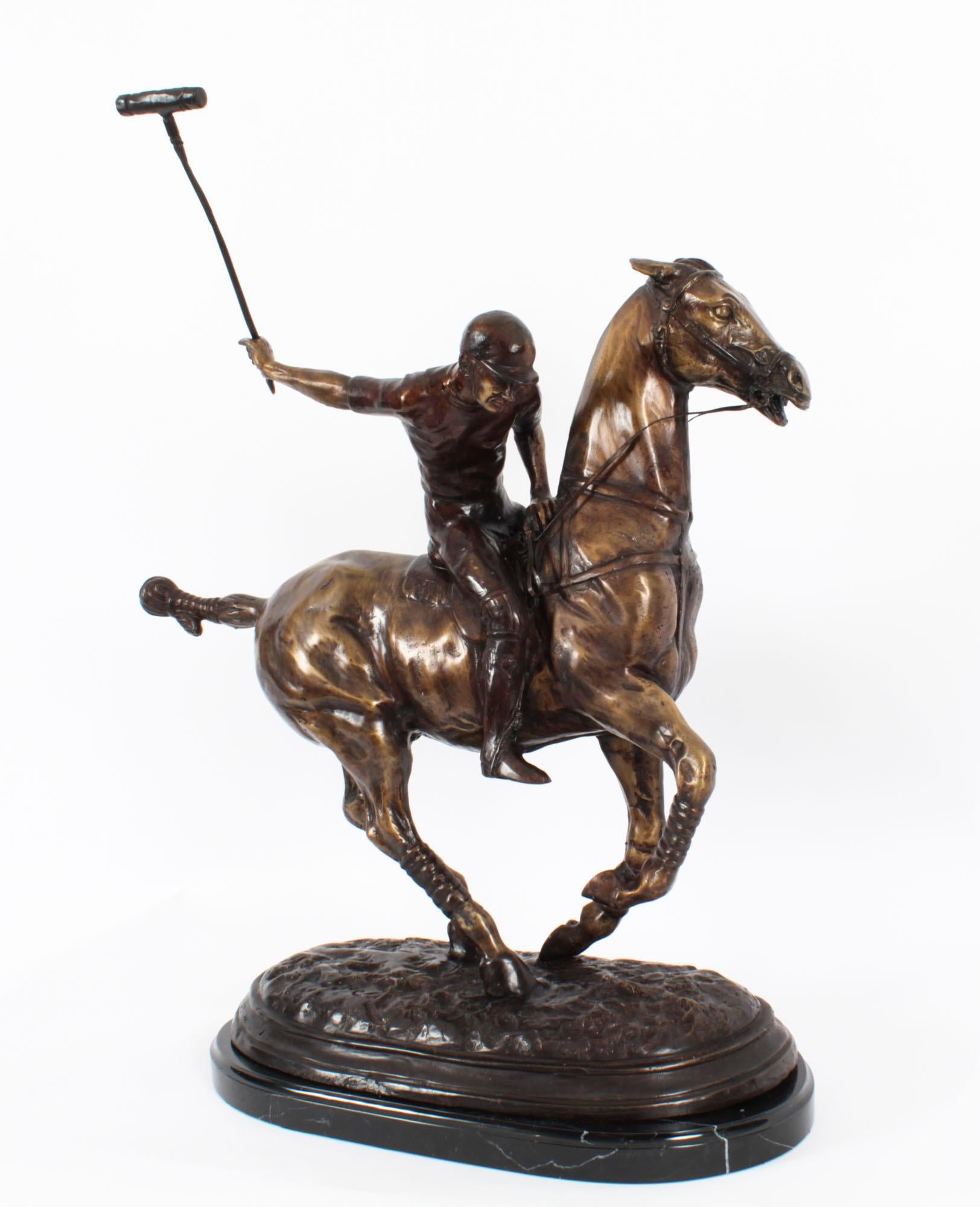 Vintage Bronze Polo Player Galloping Horse Sculpture 20th Century For Sale 8