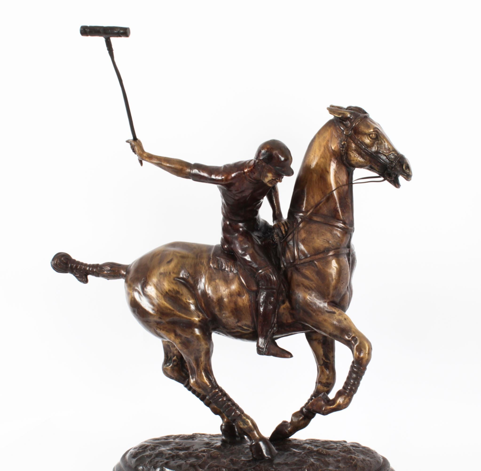 English Vintage Bronze Polo Player Galloping Horse Sculpture 20th Century For Sale