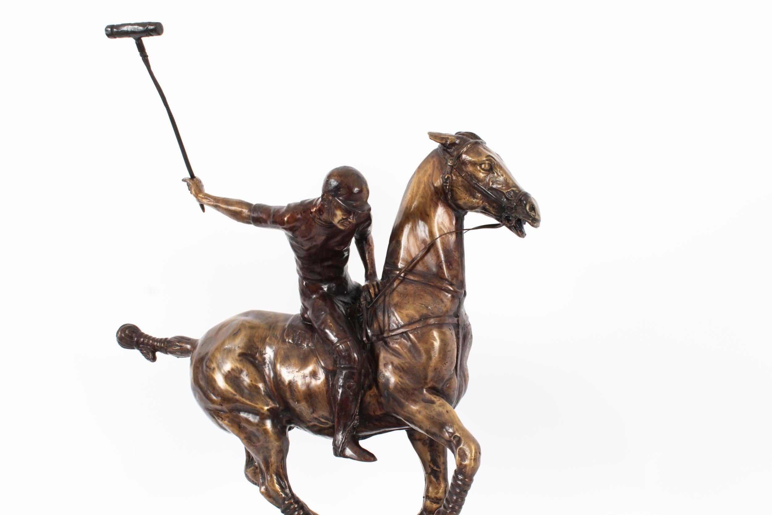 Late 20th Century Vintage Bronze Polo Player Galloping Horse Sculpture 20th Century For Sale