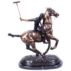 Retro Bronze Polo Player Galloping Horse Sculpture, 20th Century