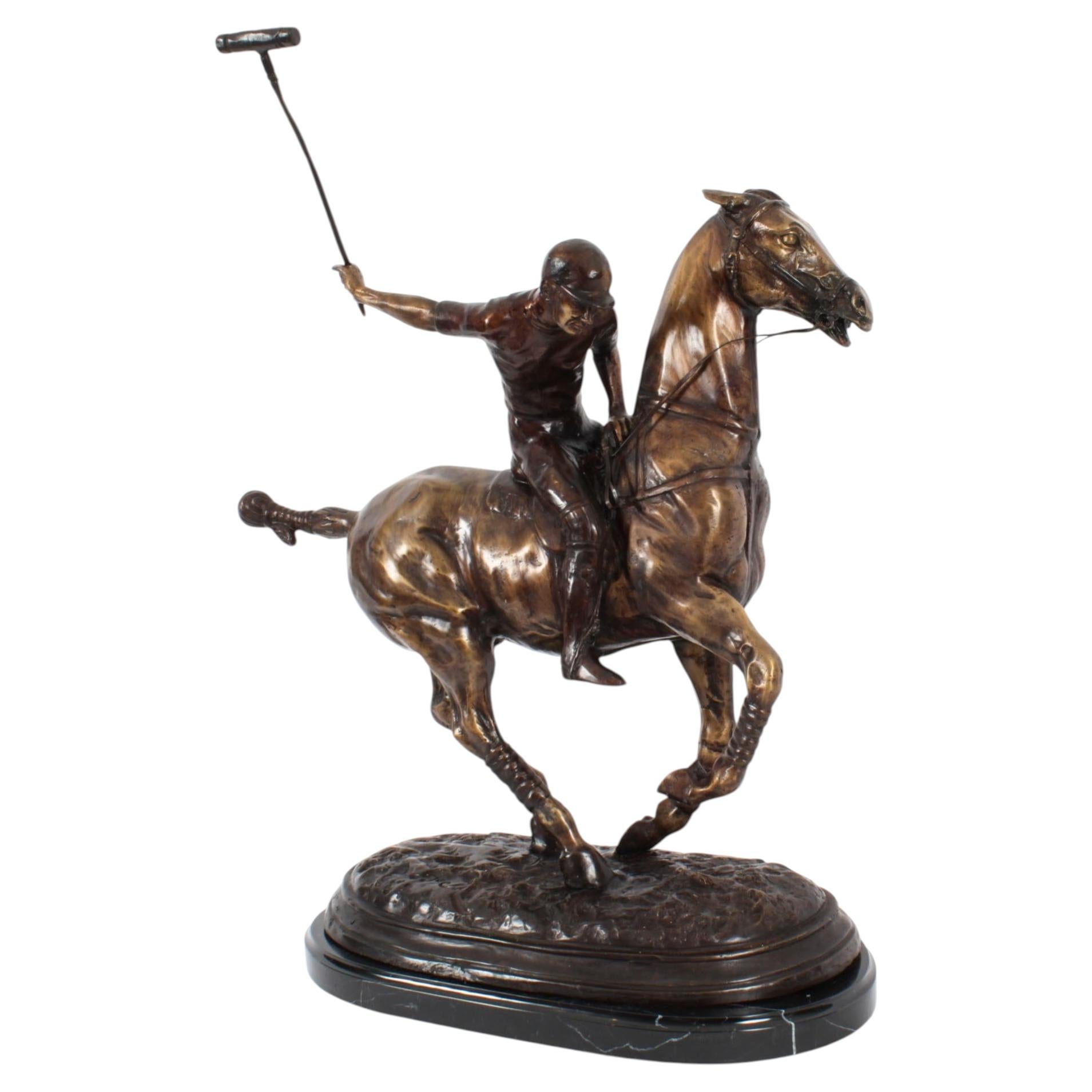 Vintage Bronze Polo Player Galloping Horse Sculpture 20th Century