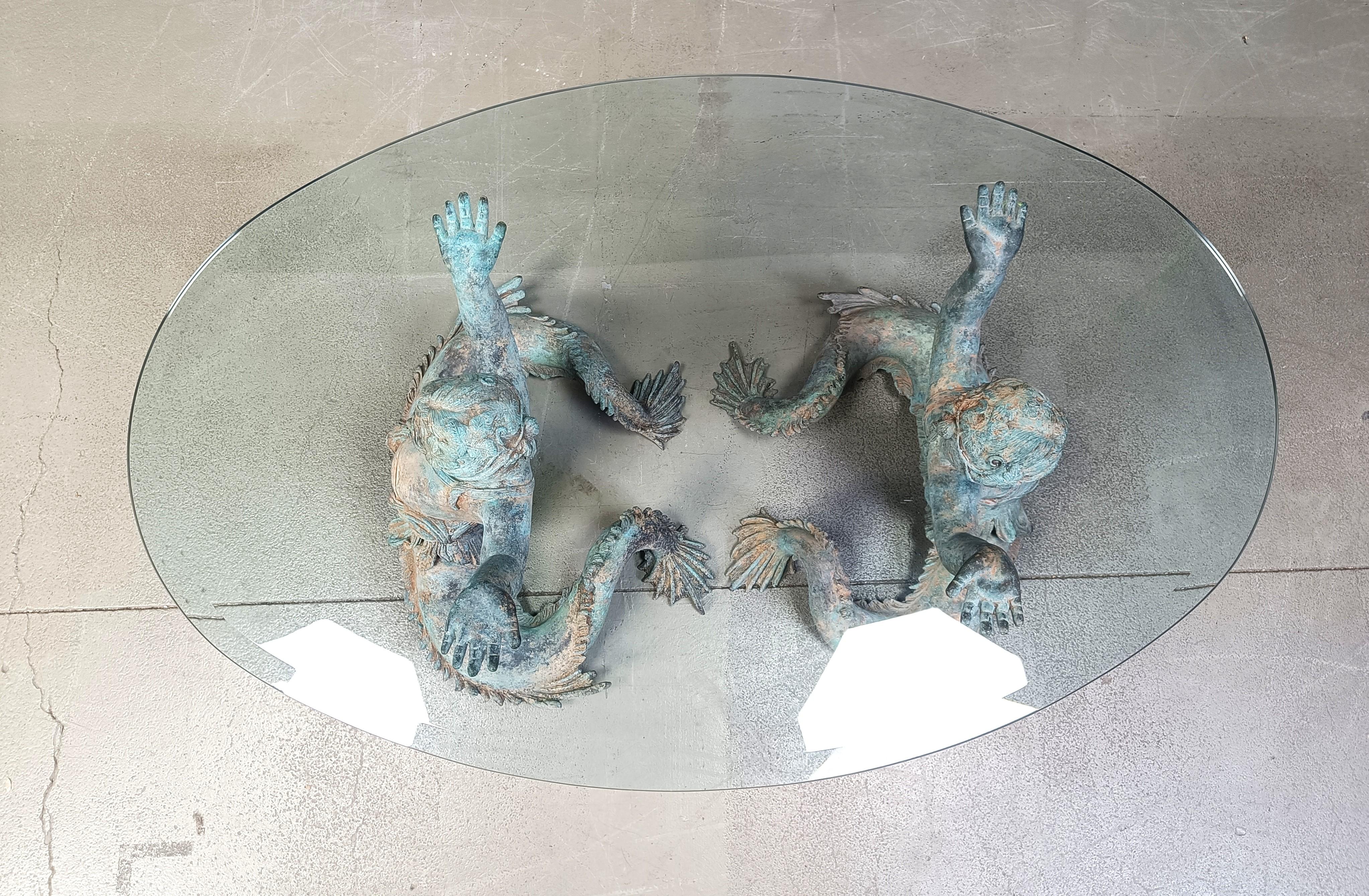 Neoclassical Vintage Bronze Putti Mermen coffee table, 1960s For Sale
