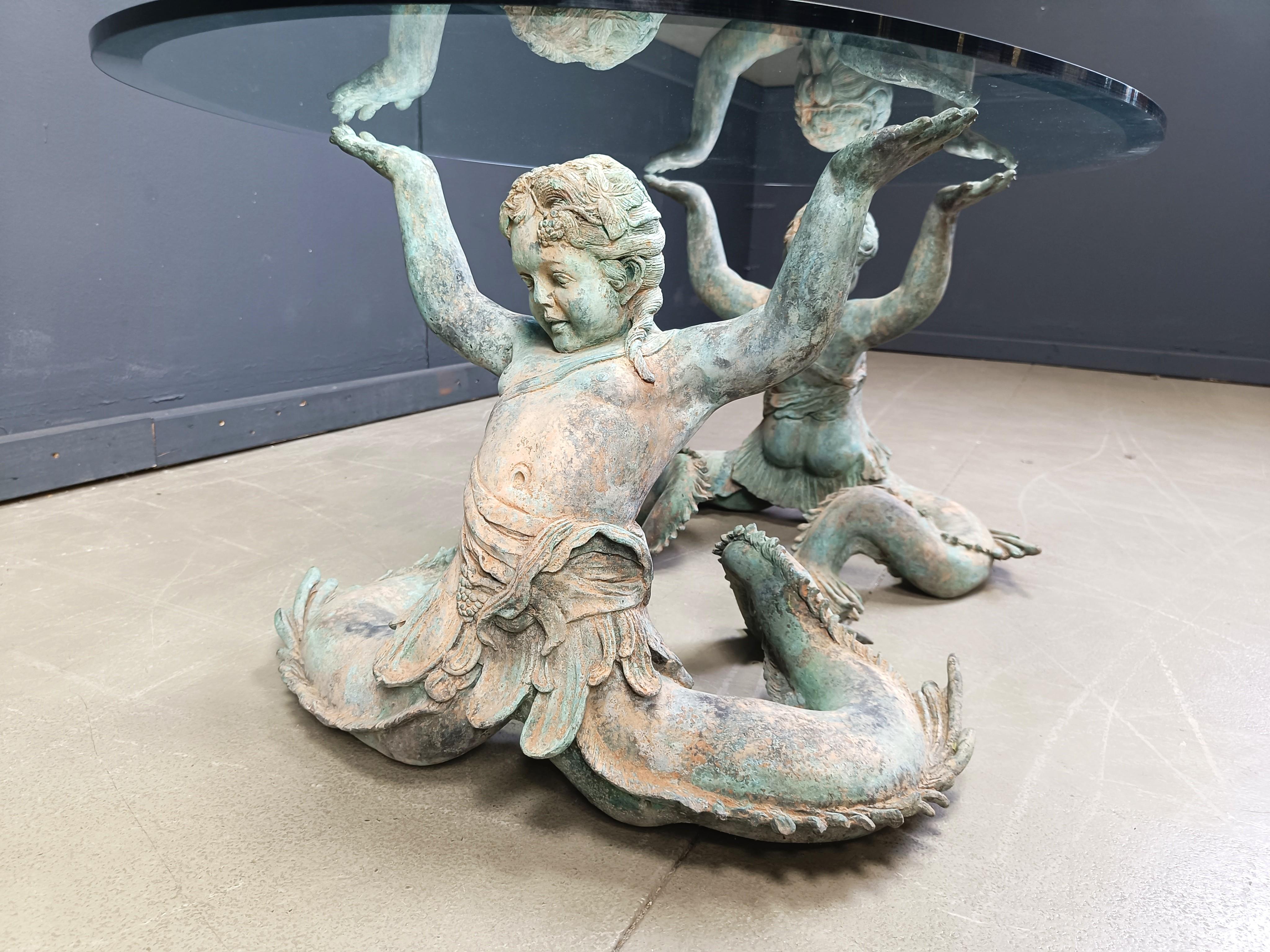 Italian Vintage Bronze Putti Mermen coffee table, 1960s For Sale