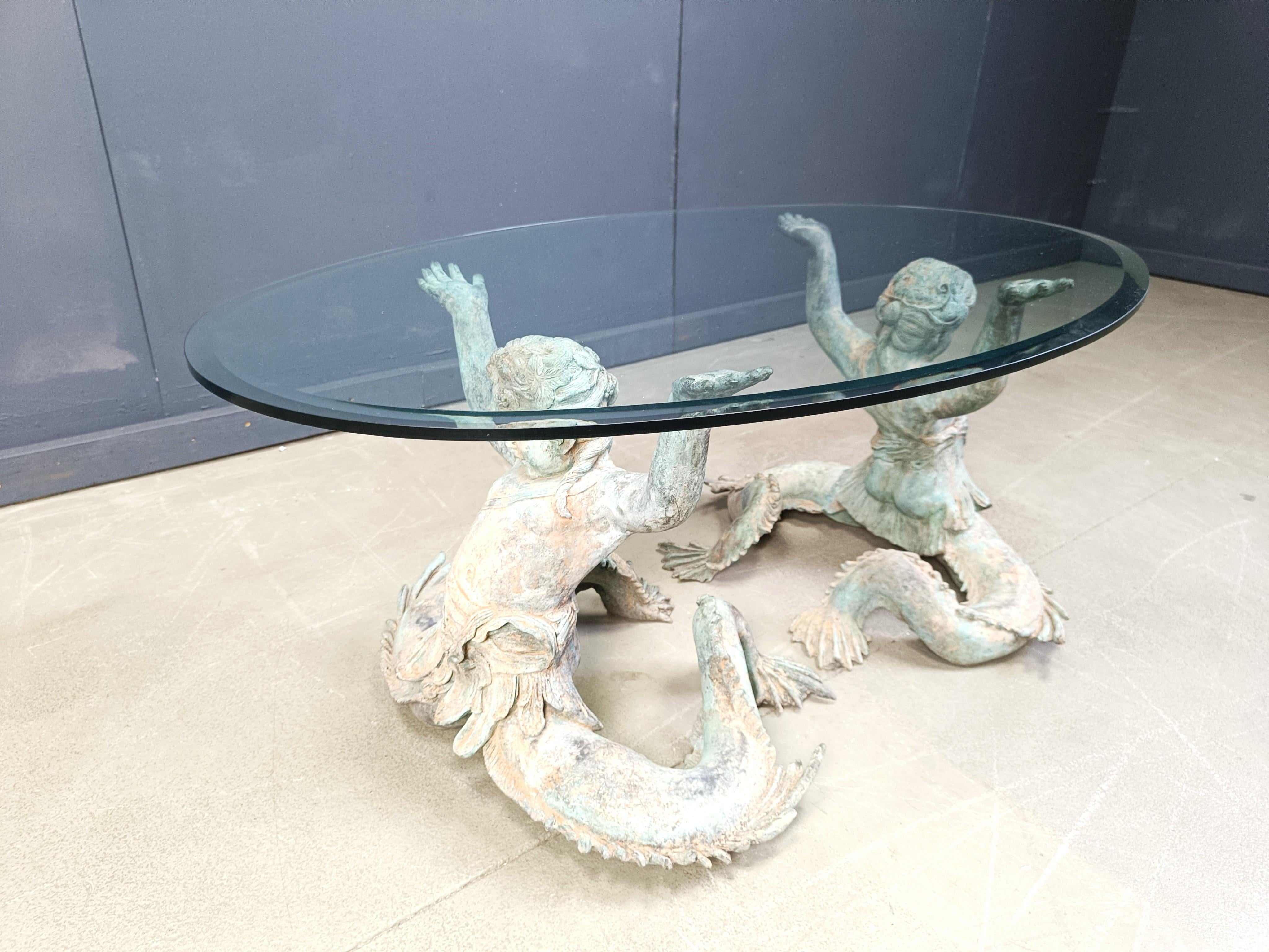 Mid-20th Century Vintage Bronze Putti Mermen coffee table, 1960s For Sale