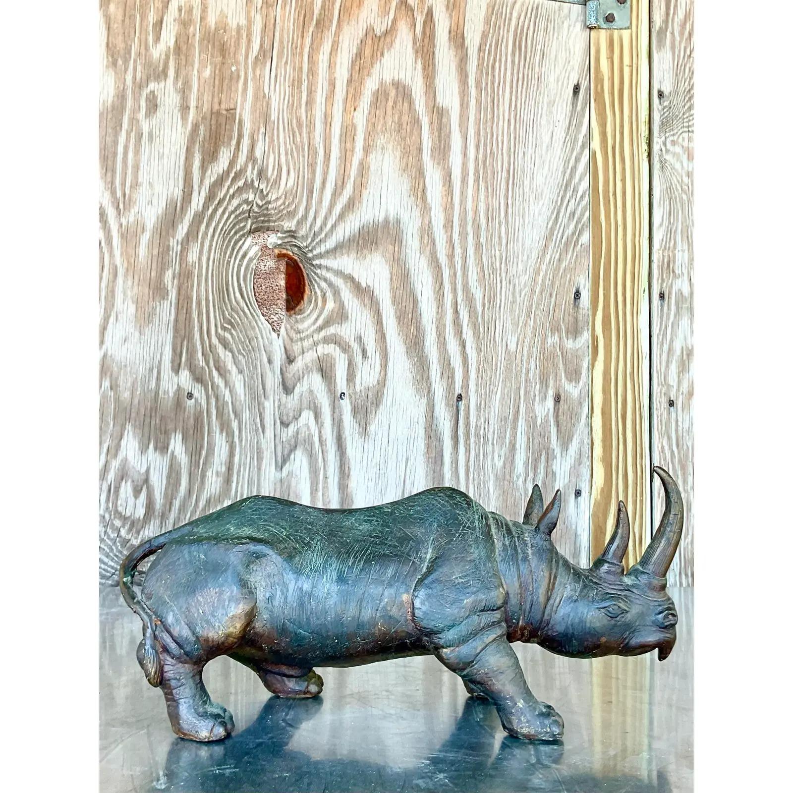 Fantastic vintage bronze statue. A solid composition of a handsome rhino. Beautiful attention to detail and amazing patina from time. Acquired from a Palm Beach estate. Fantastic vintage bronze statue. A solid composition of a handsome rhino.
