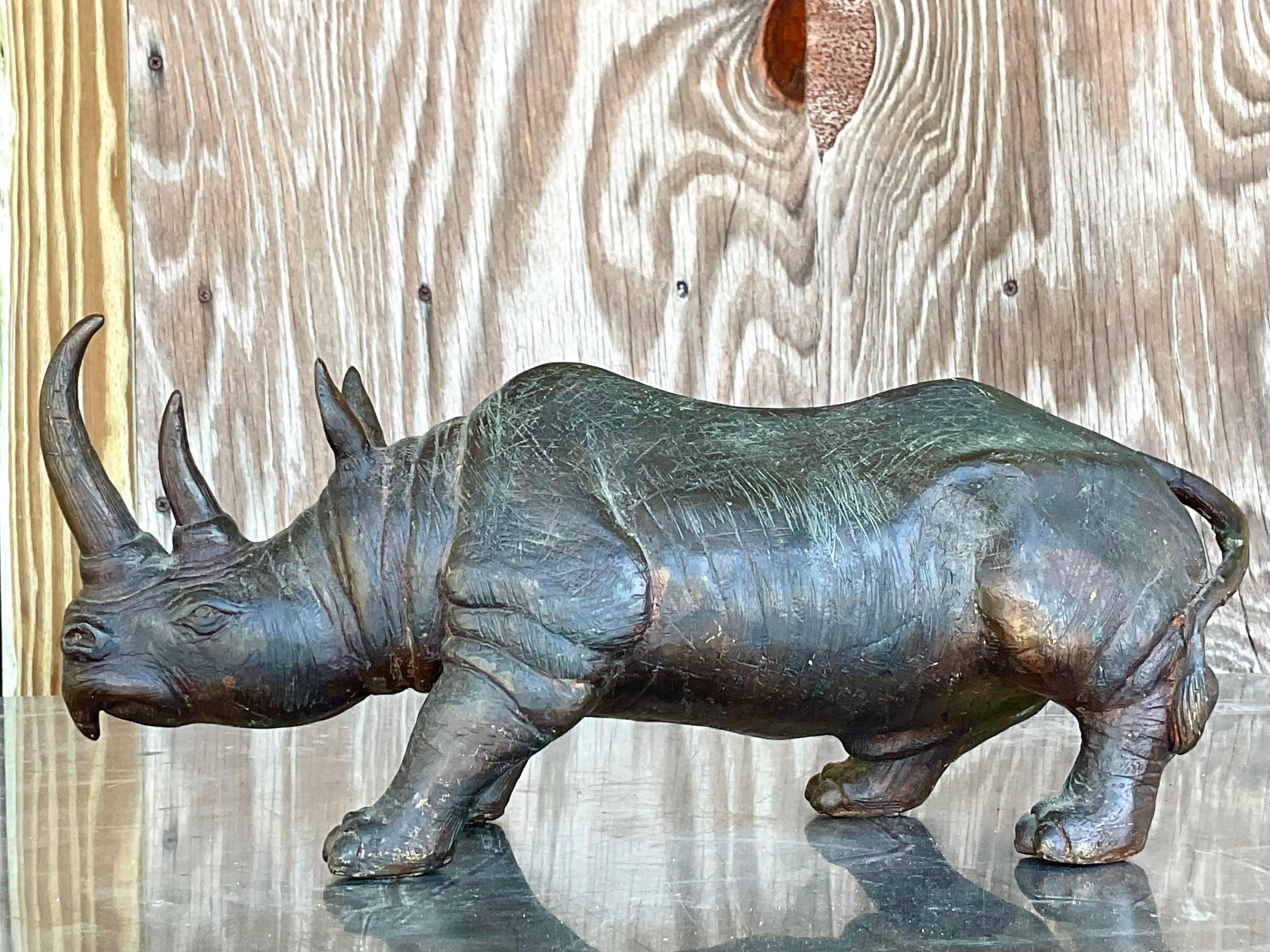 Bohemian Vintage Bronze Rhino Statue For Sale