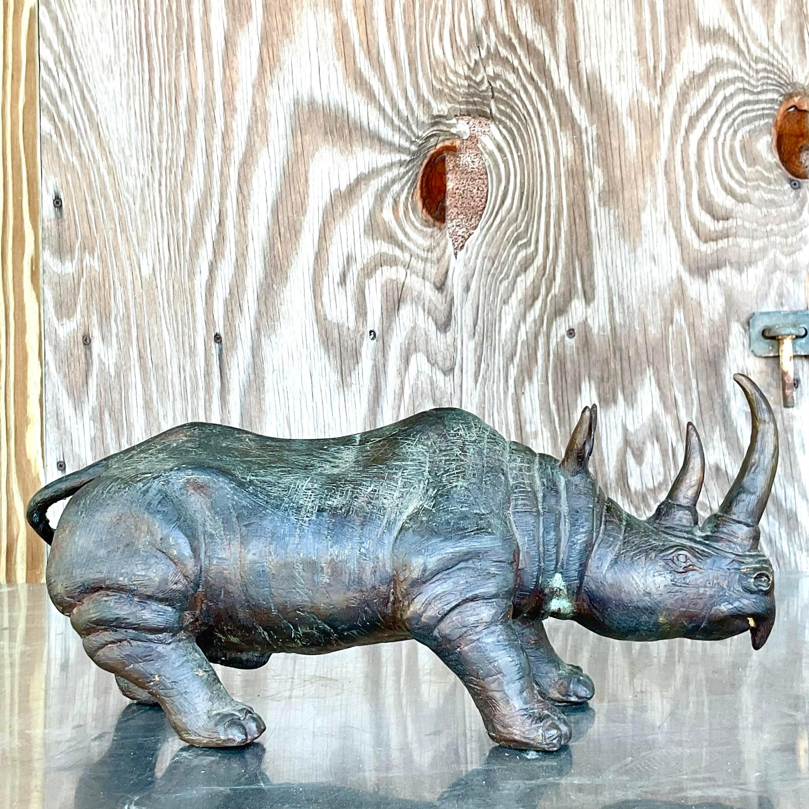 North American Vintage Bronze Rhino Statue For Sale