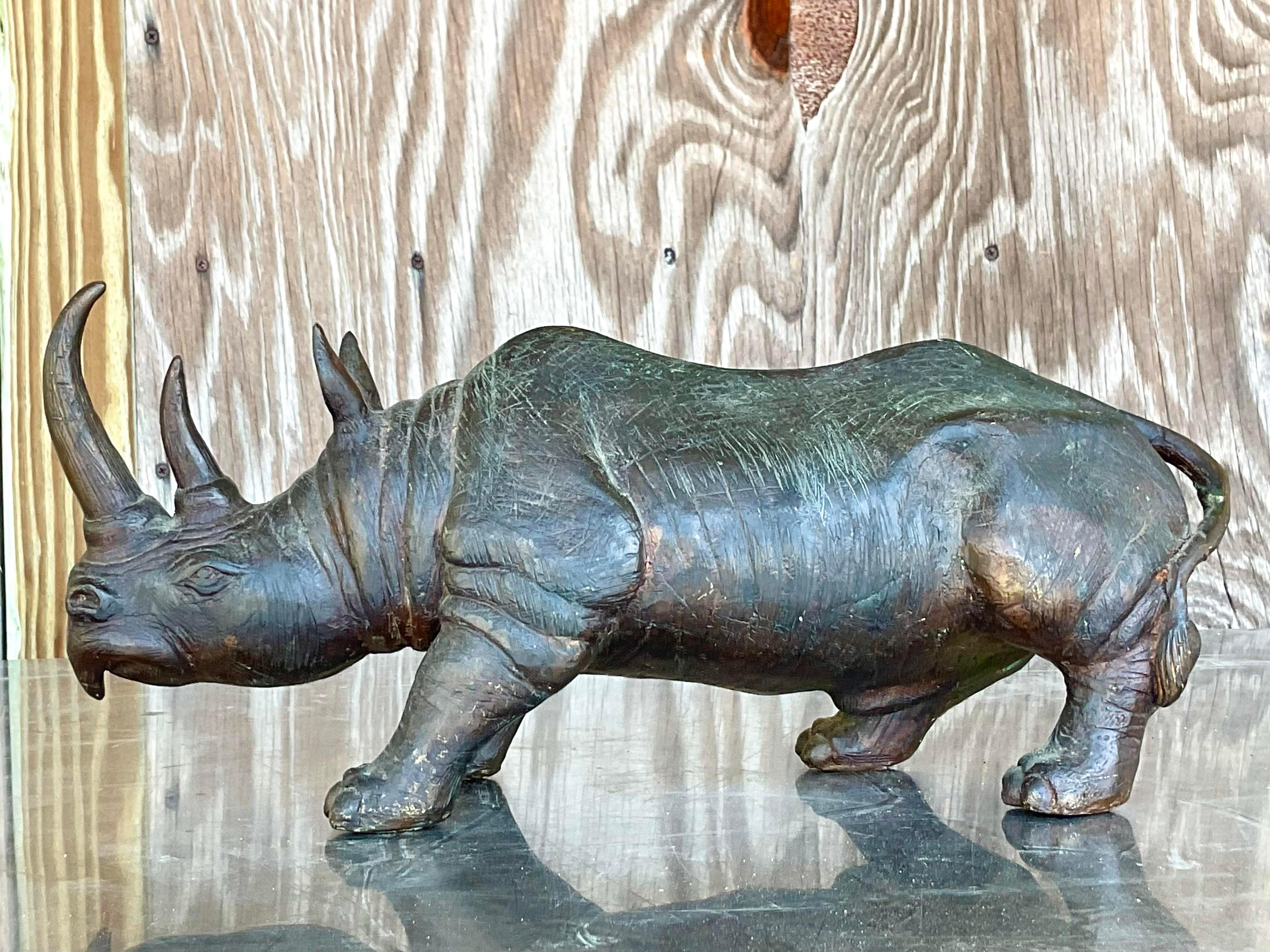 Vintage Bronze Rhino Statue In Good Condition For Sale In west palm beach, FL