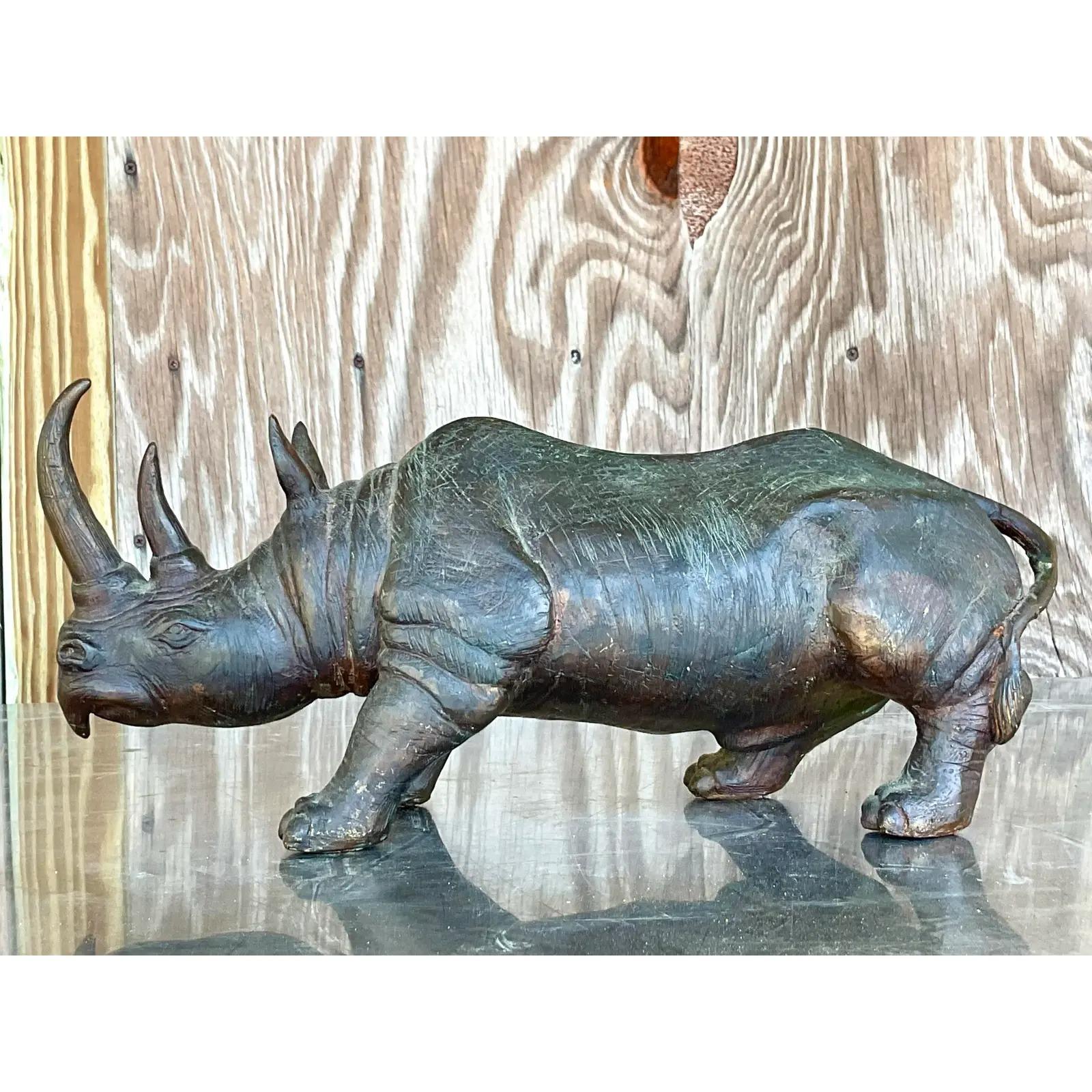 20th Century Vintage Bronze Rhino Statue