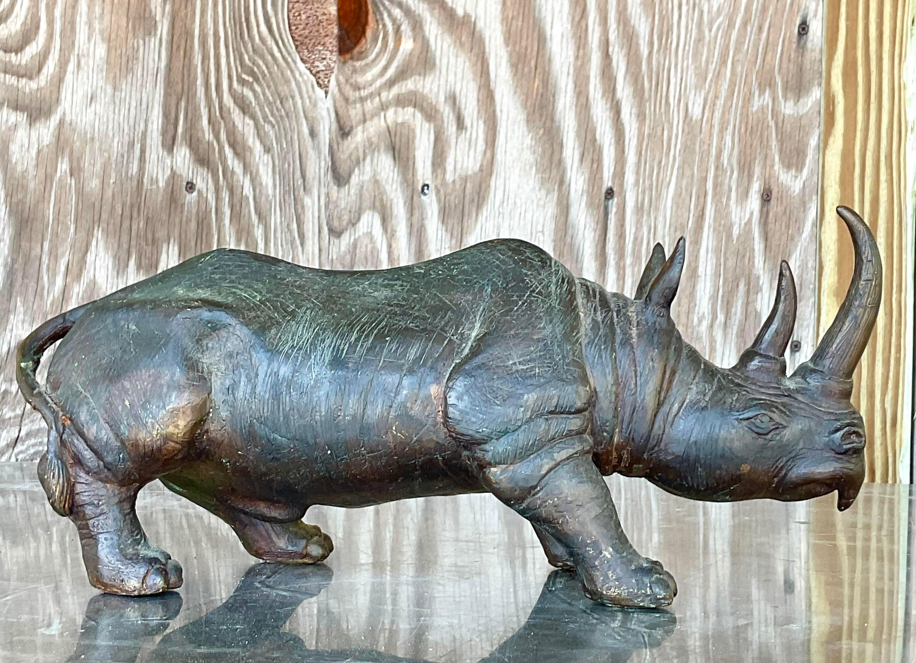 Vintage Bronze Rhino Statue For Sale 1