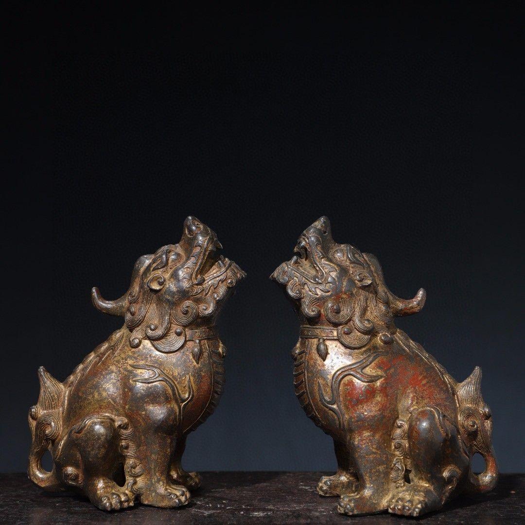Paire de statues de bêtes rugissantes en bronze vintage en vente 1