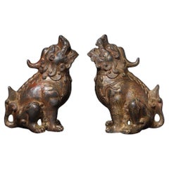 Vintage Bronze Roaring Beasts Statuen Paar