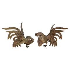 Statuetta di bronzo vintage del gallo, set di 2 combattimenti tra galli, Francia, anni '60
