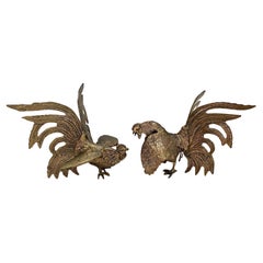 Statuette de coq en bronze, set de 2 combats de coqs, France, années 1960