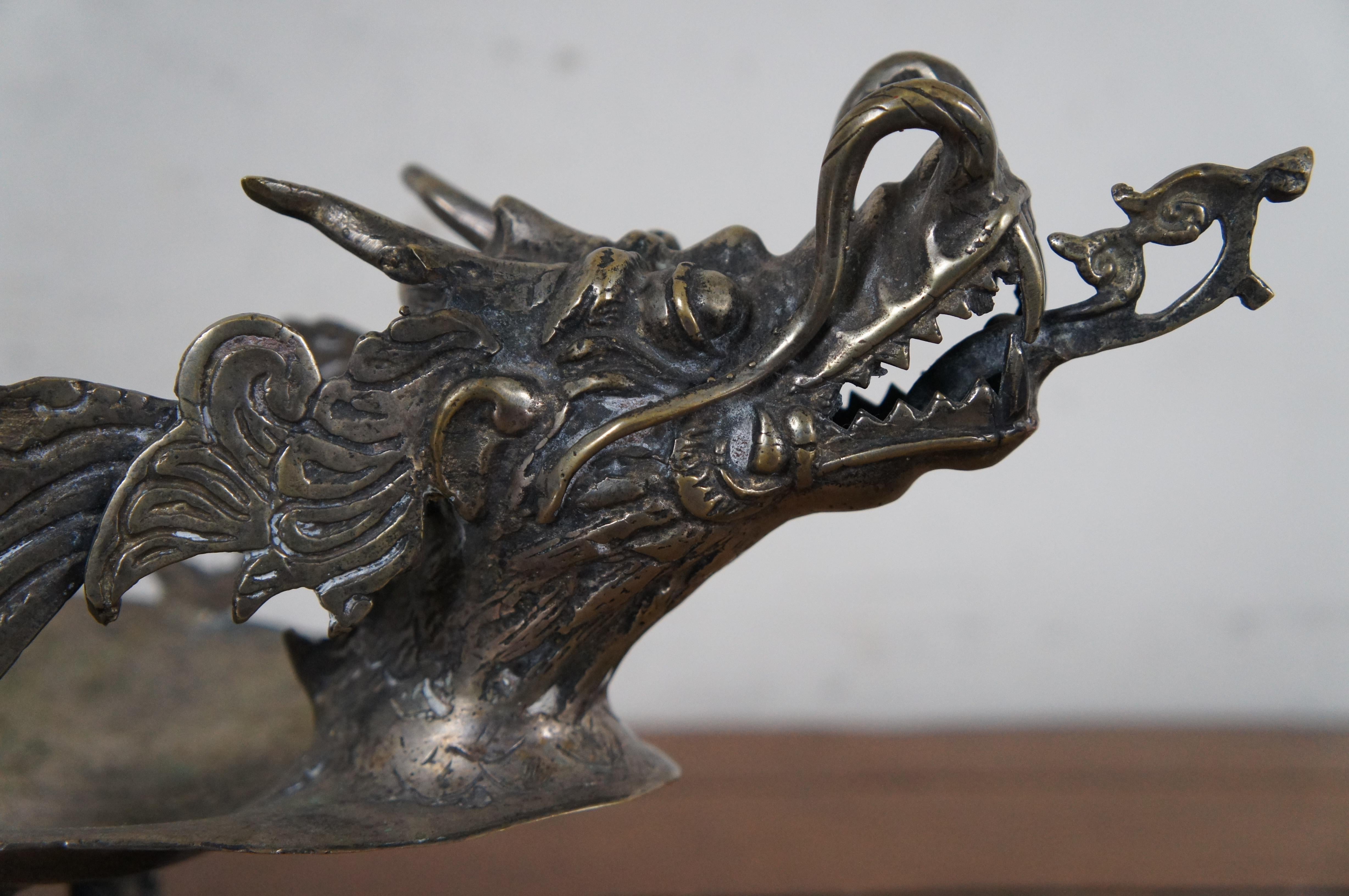 Vintage Bronze Sculptural Chinese Dragon Centerpiece Serving Tray Bowl Compote 2 For Sale 7