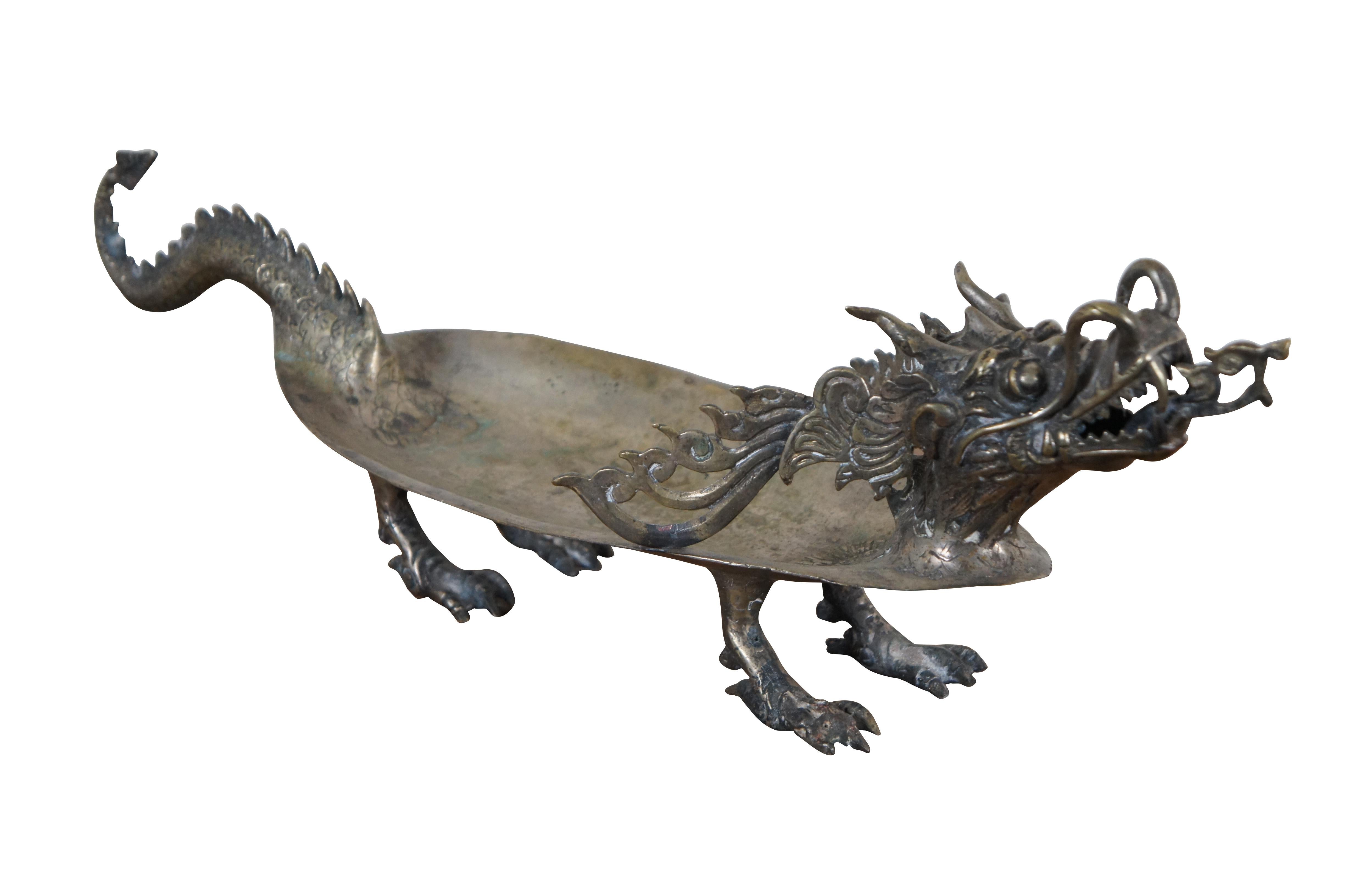 Chinoiserie Vintage Bronze Sculptural Chinese Dragon Centerpiece Serving Tray Bowl Compote 2 For Sale