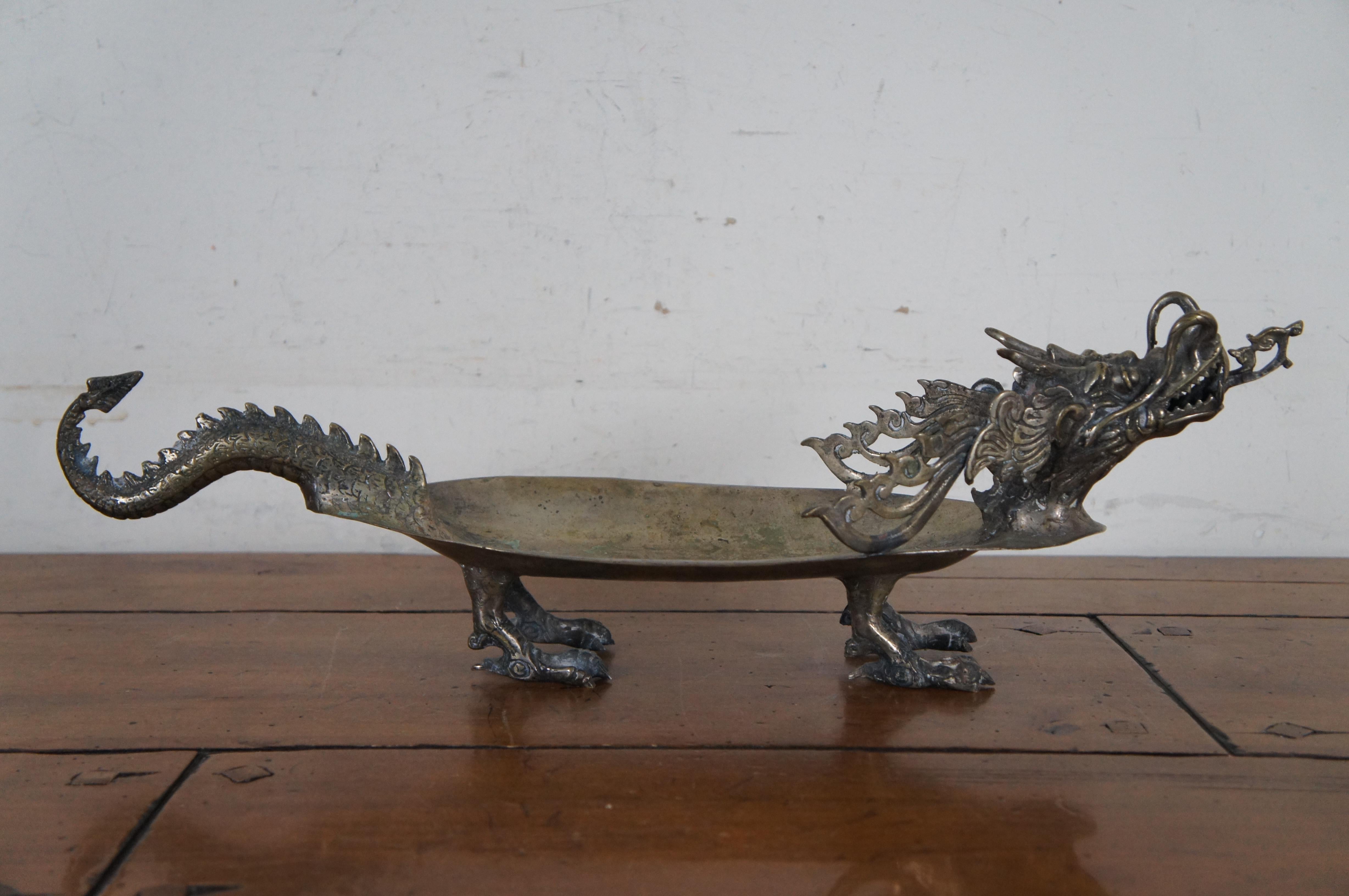 Vintage Bronze Sculptural Chinese Dragon Centerpiece Serving Tray Bowl Compote 2 In Good Condition For Sale In Dayton, OH