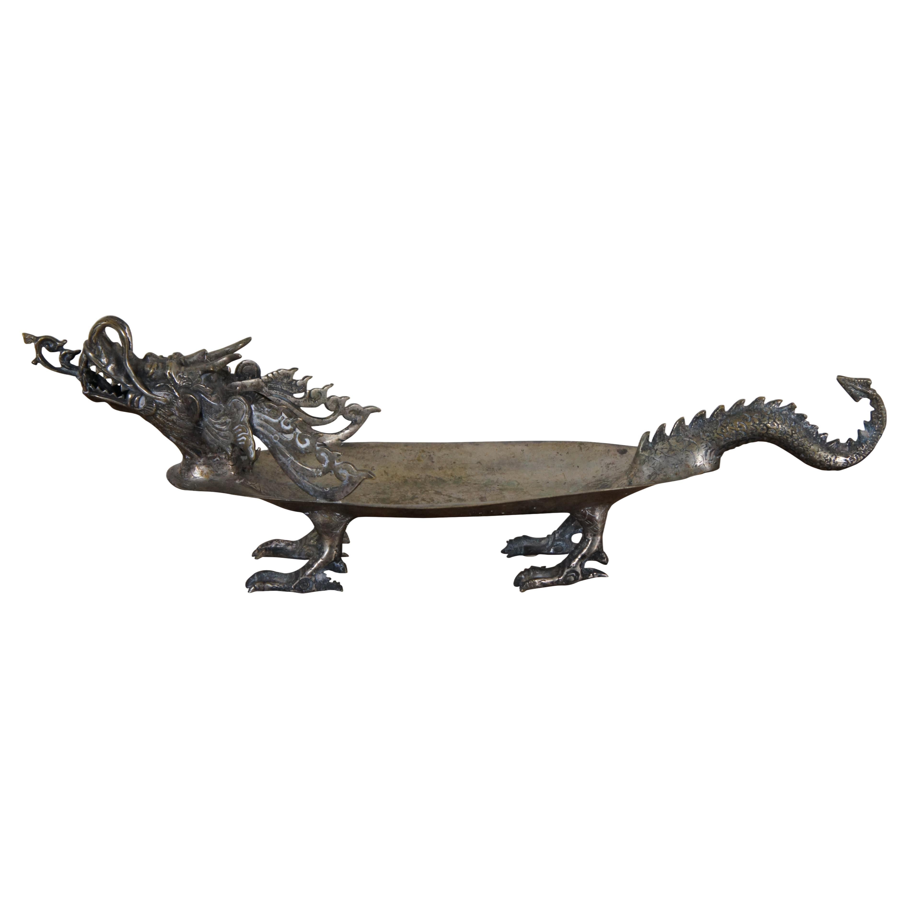 Vintage Bronze Sculptural Chinese Dragon Centerpiece Serving Tray Bowl Compote 2