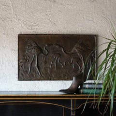 Plaque sculpturale en bronze vintage en relief représentant des flamants