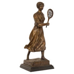 Vintage Bronze Sculpture 1930s Female Tennis Player 20th Century