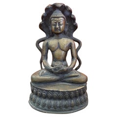 Vintage Bronze Sculpture - Buddha being Protected by the Serpent King Muchalinda