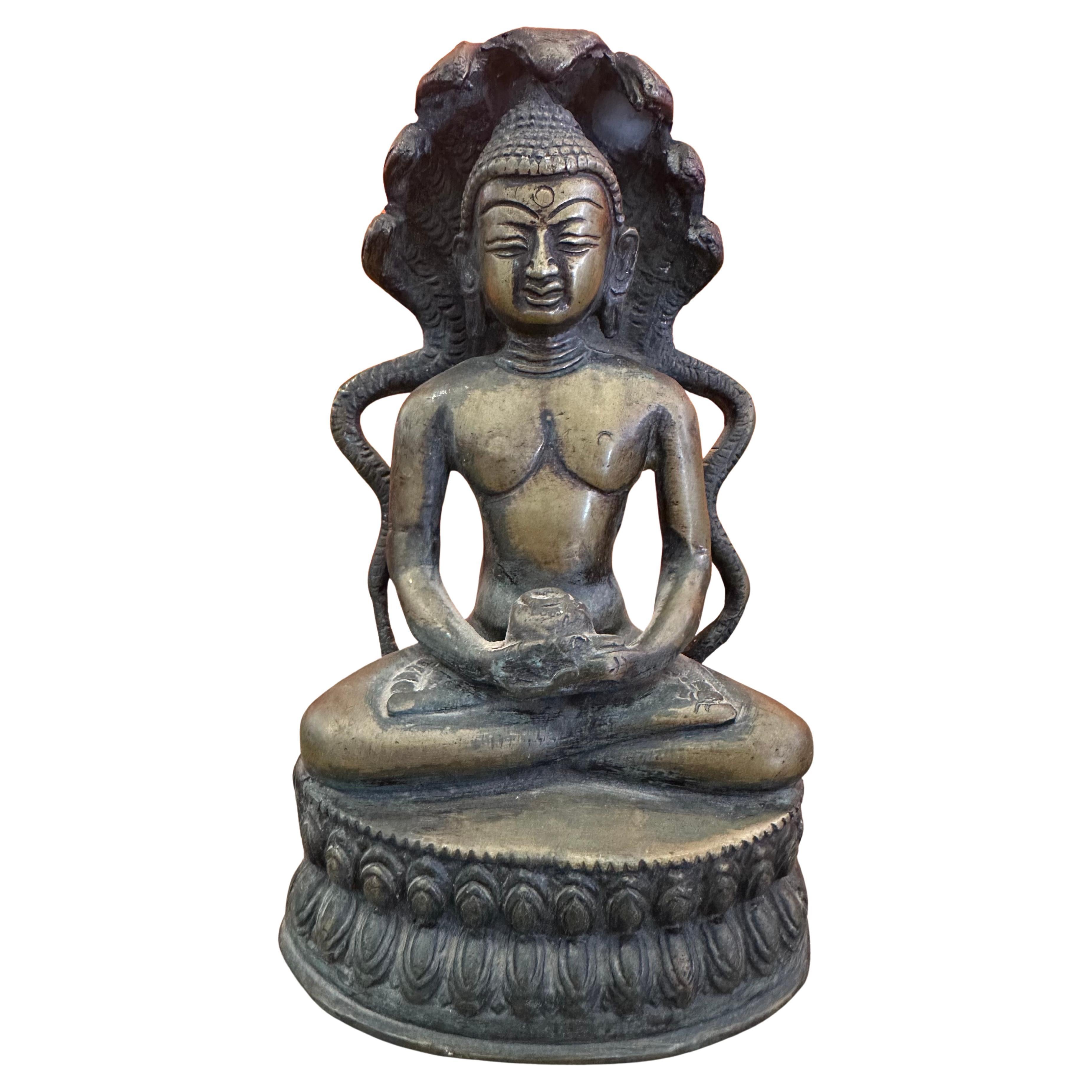 Vintage Bronze Sculpture - Buddha being Protected by the Serpent King Muchalinda For Sale