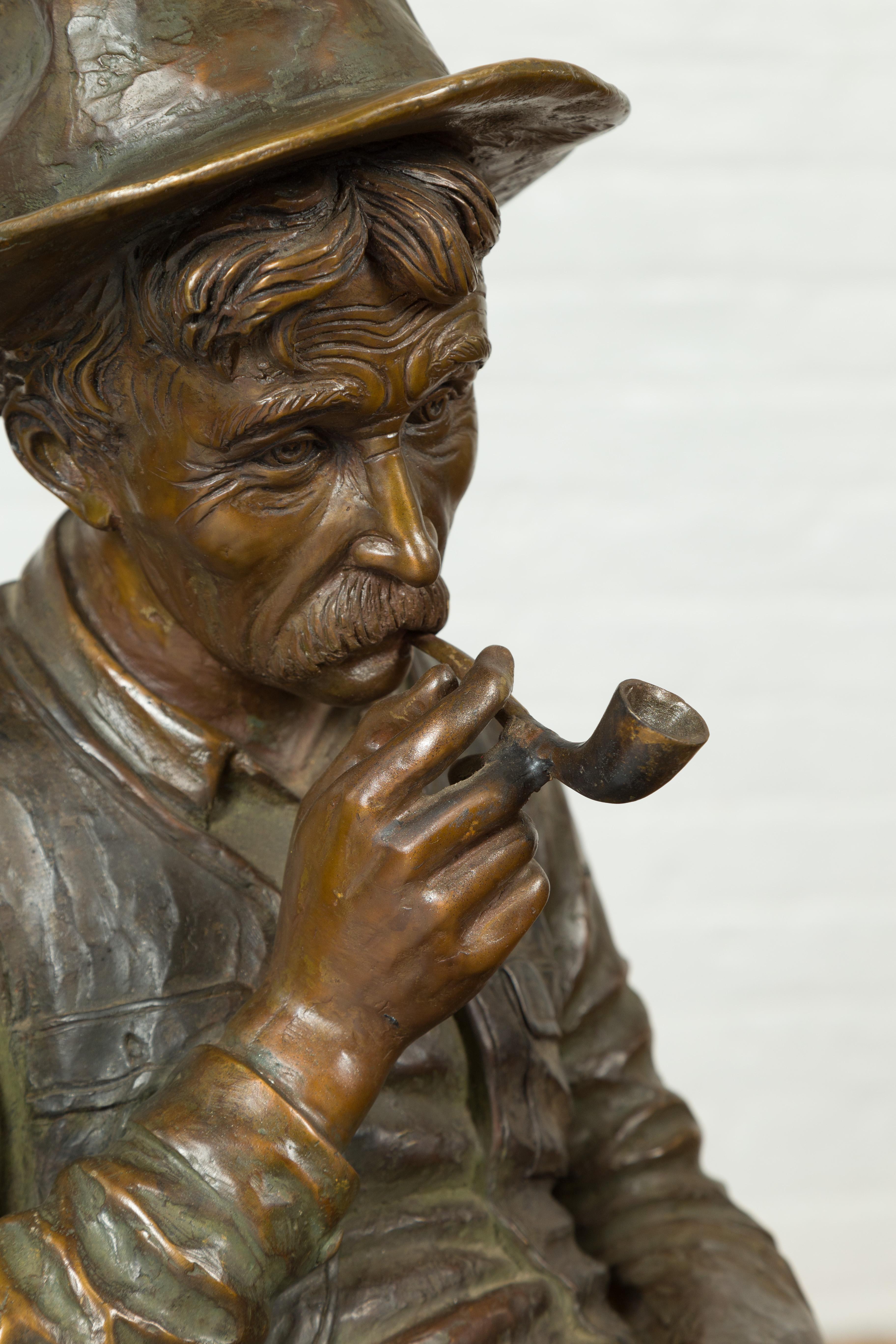 Vintage Bronze Sculpture of a Sitting Old Timer Smoking His Pipe and Fishing 5