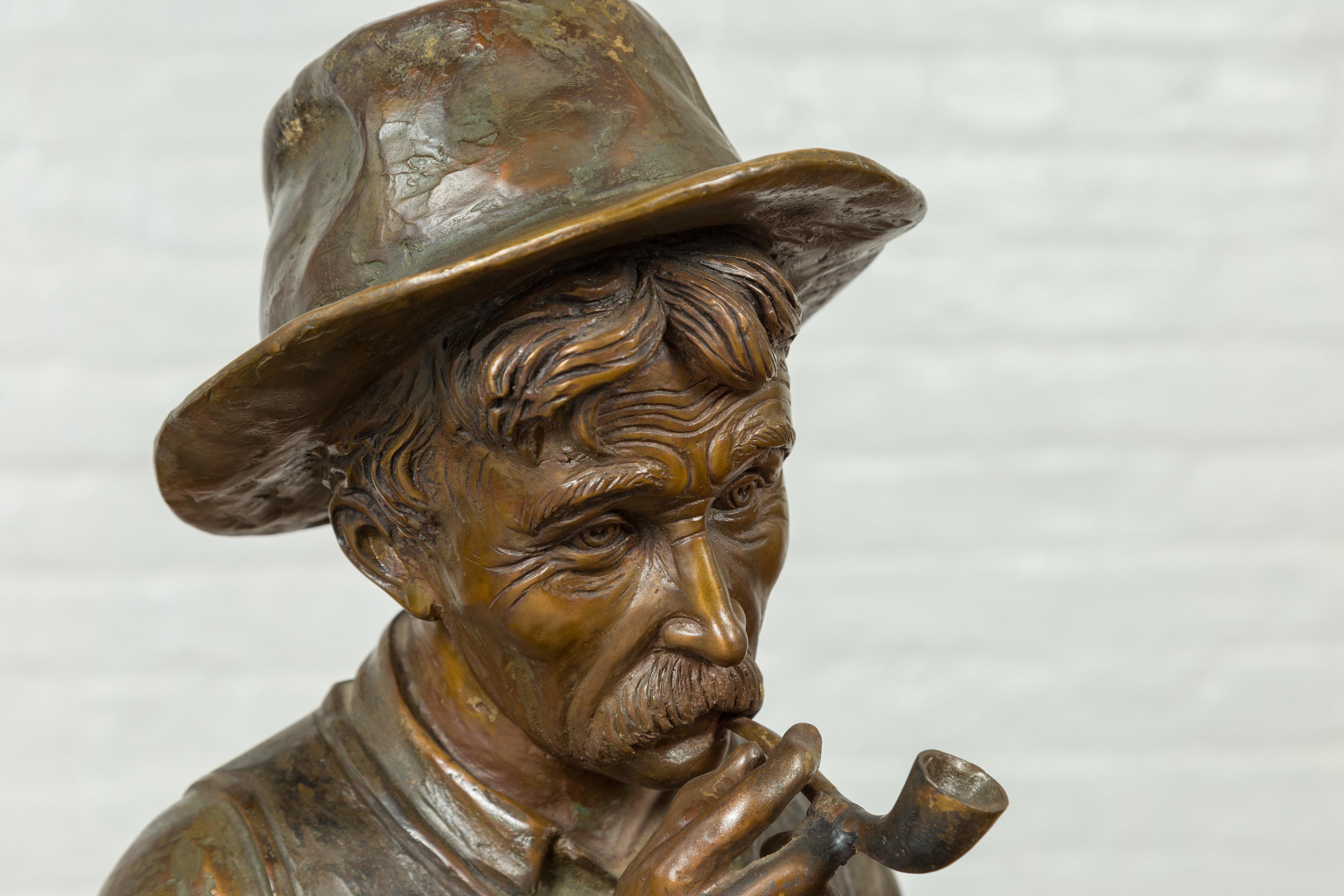 Vintage Bronze Sculpture of a Sitting Old Timer Smoking His Pipe and Fishing 6