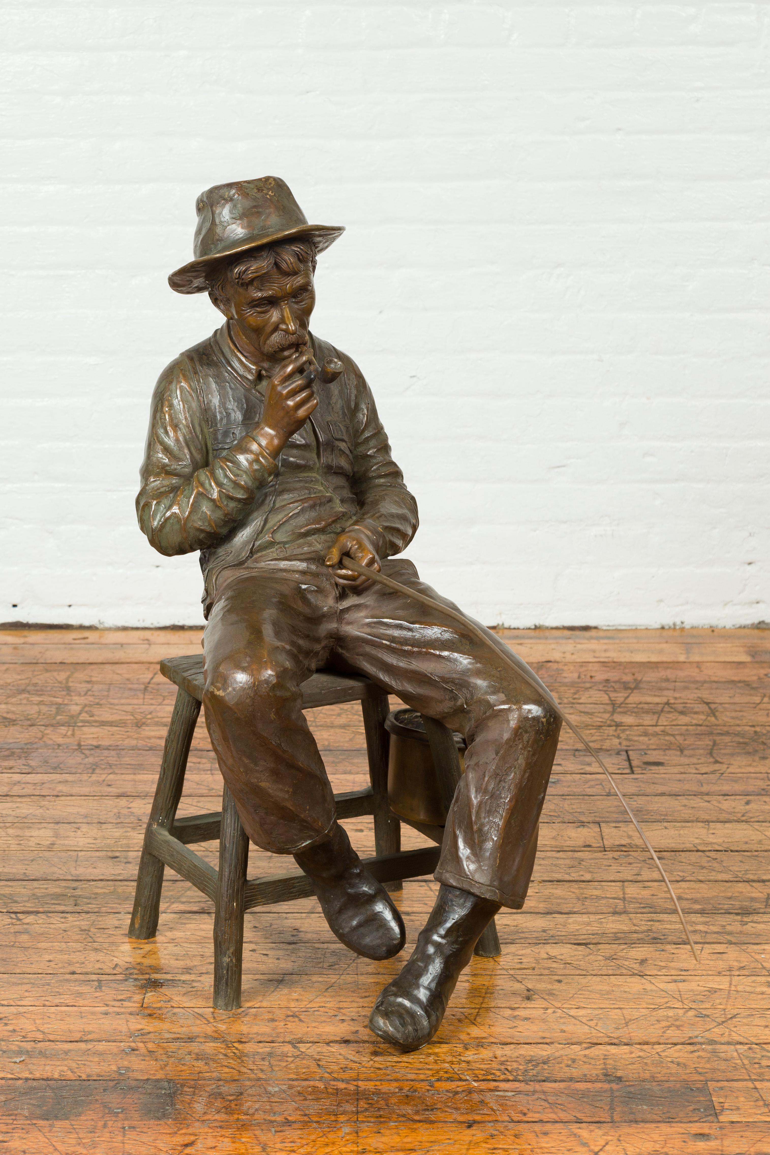 Vintage Bronze Sculpture of a Sitting Old Timer Smoking His Pipe and Fishing 7