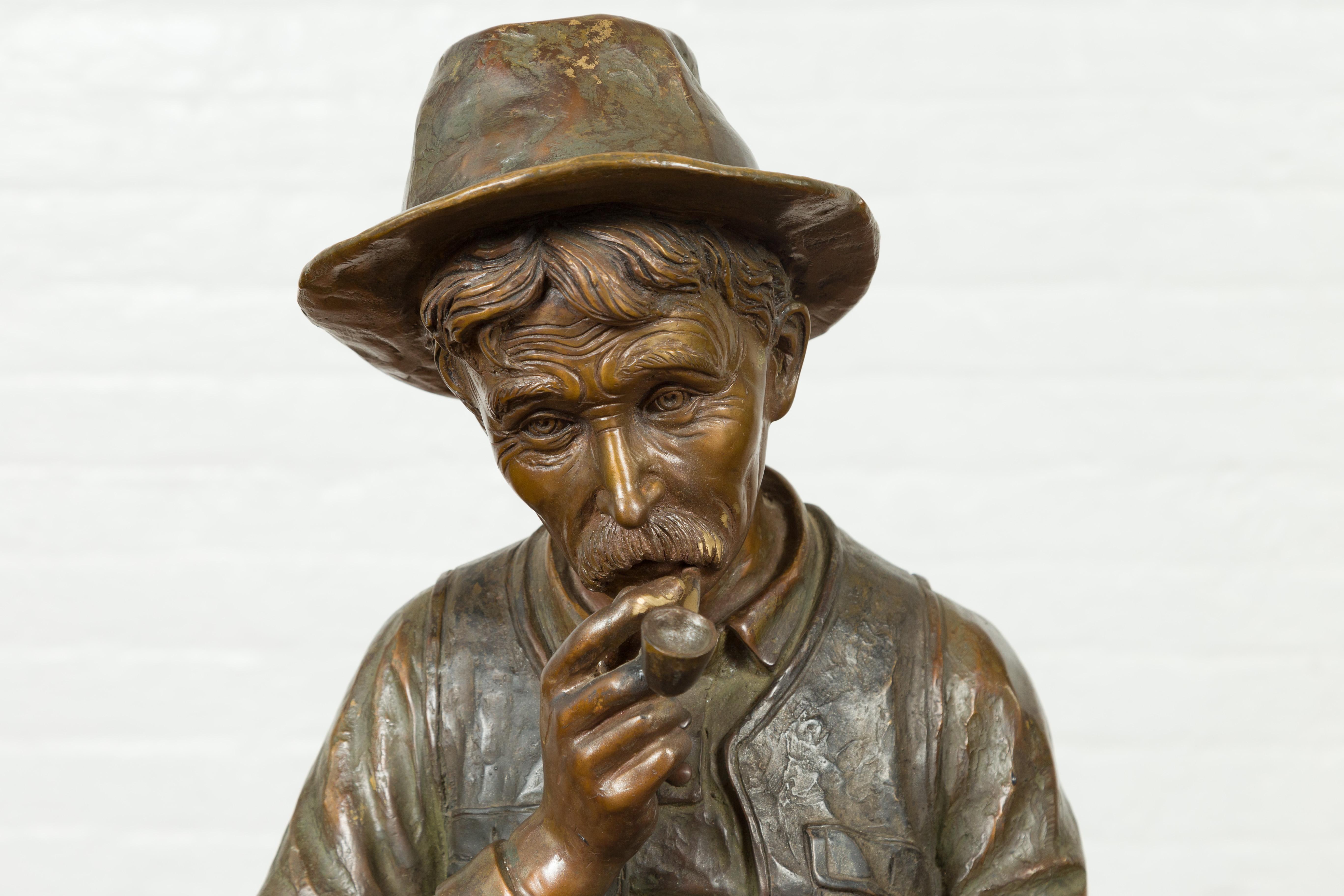 Vintage Bronze Sculpture of a Sitting Old Timer Smoking His Pipe and Fishing 8