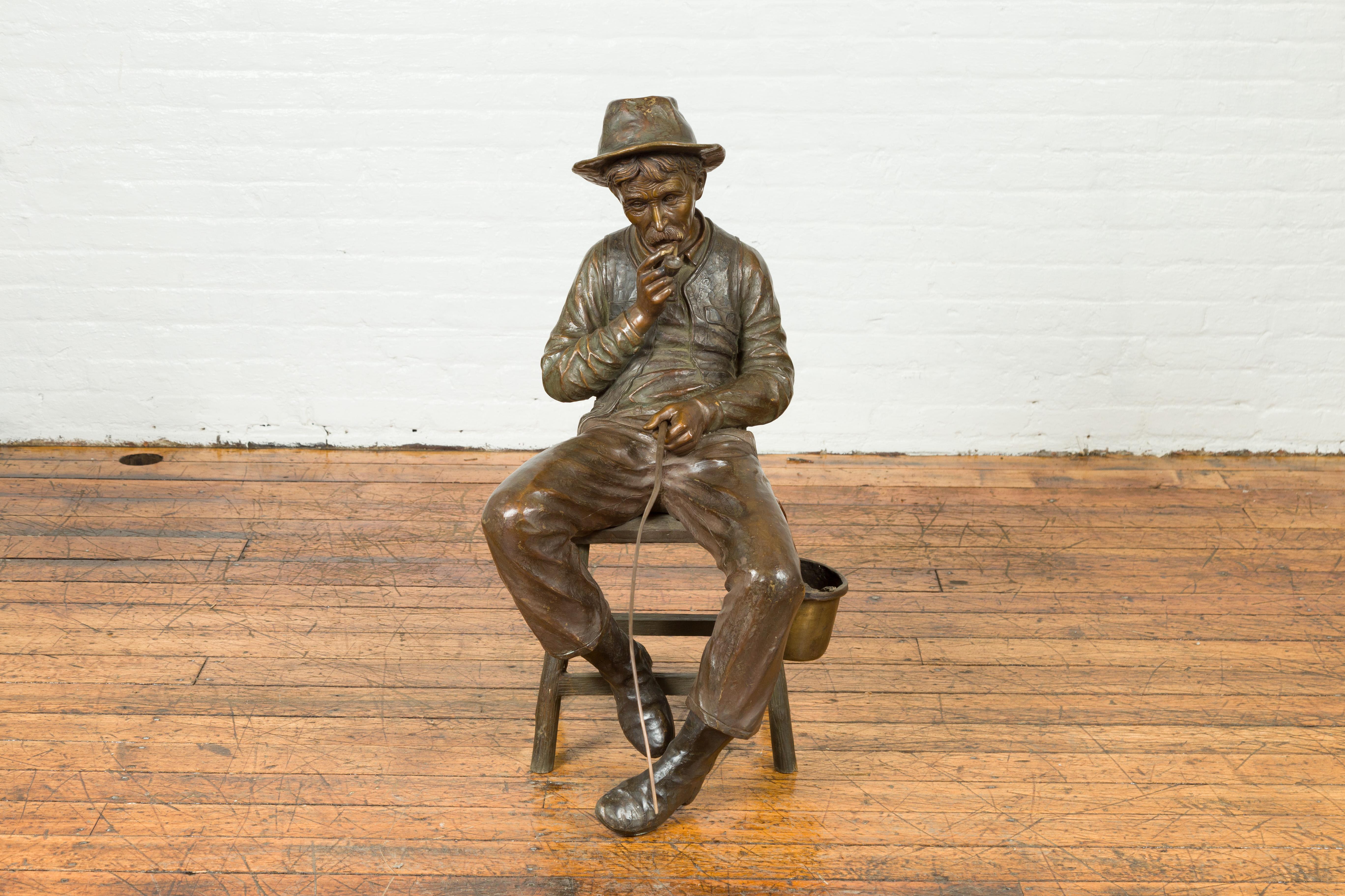 Vintage Bronze Sculpture of a Sitting Old Timer Smoking His Pipe and Fishing 9