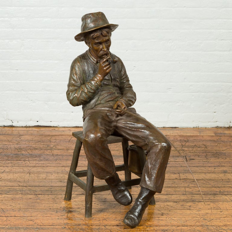 Vintage Bronze Sculpture of a Sitting Old Timer Smoking His Pipe and