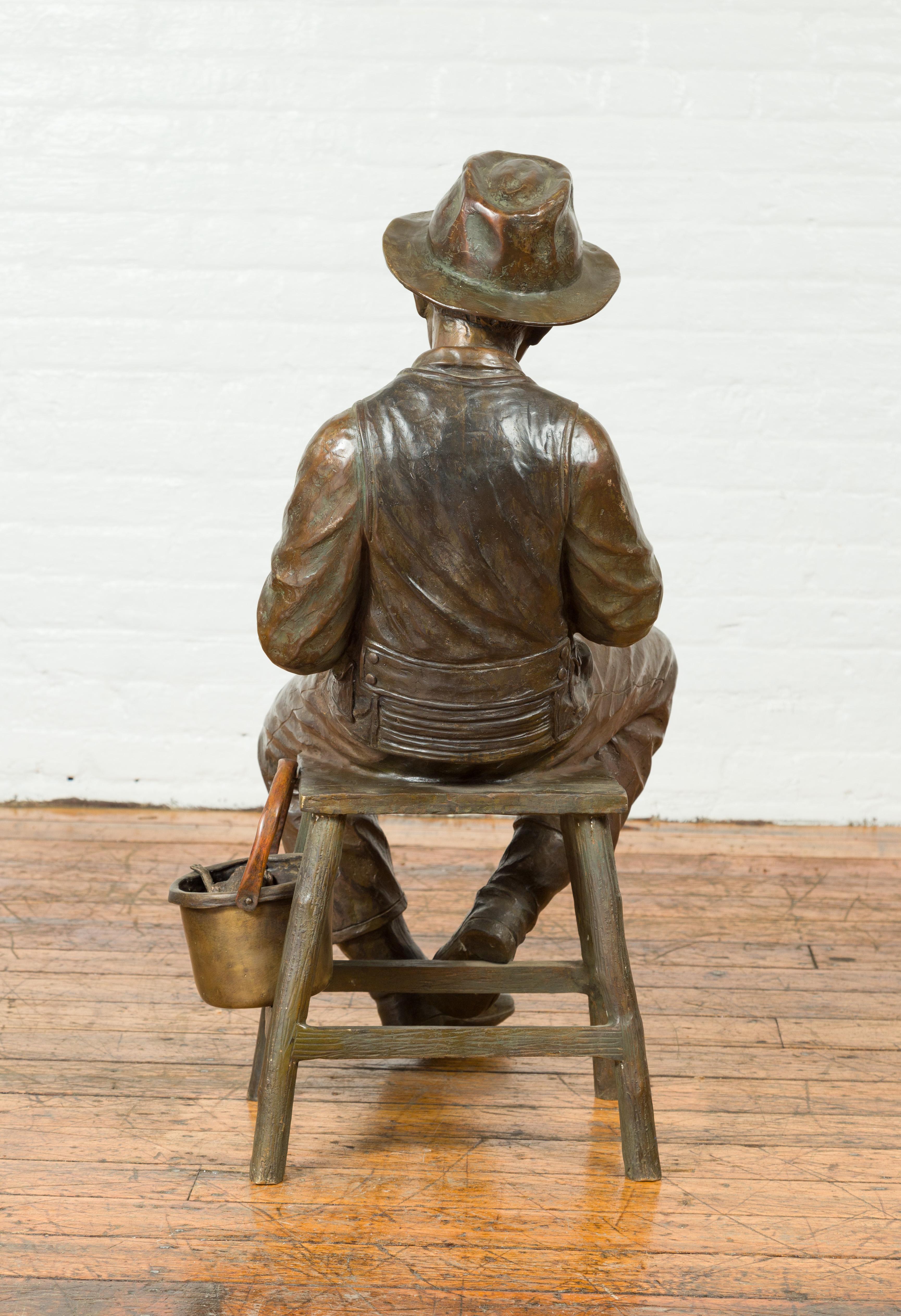 Vintage Bronze Sculpture of a Sitting Old Timer Smoking His Pipe and Fishing 1