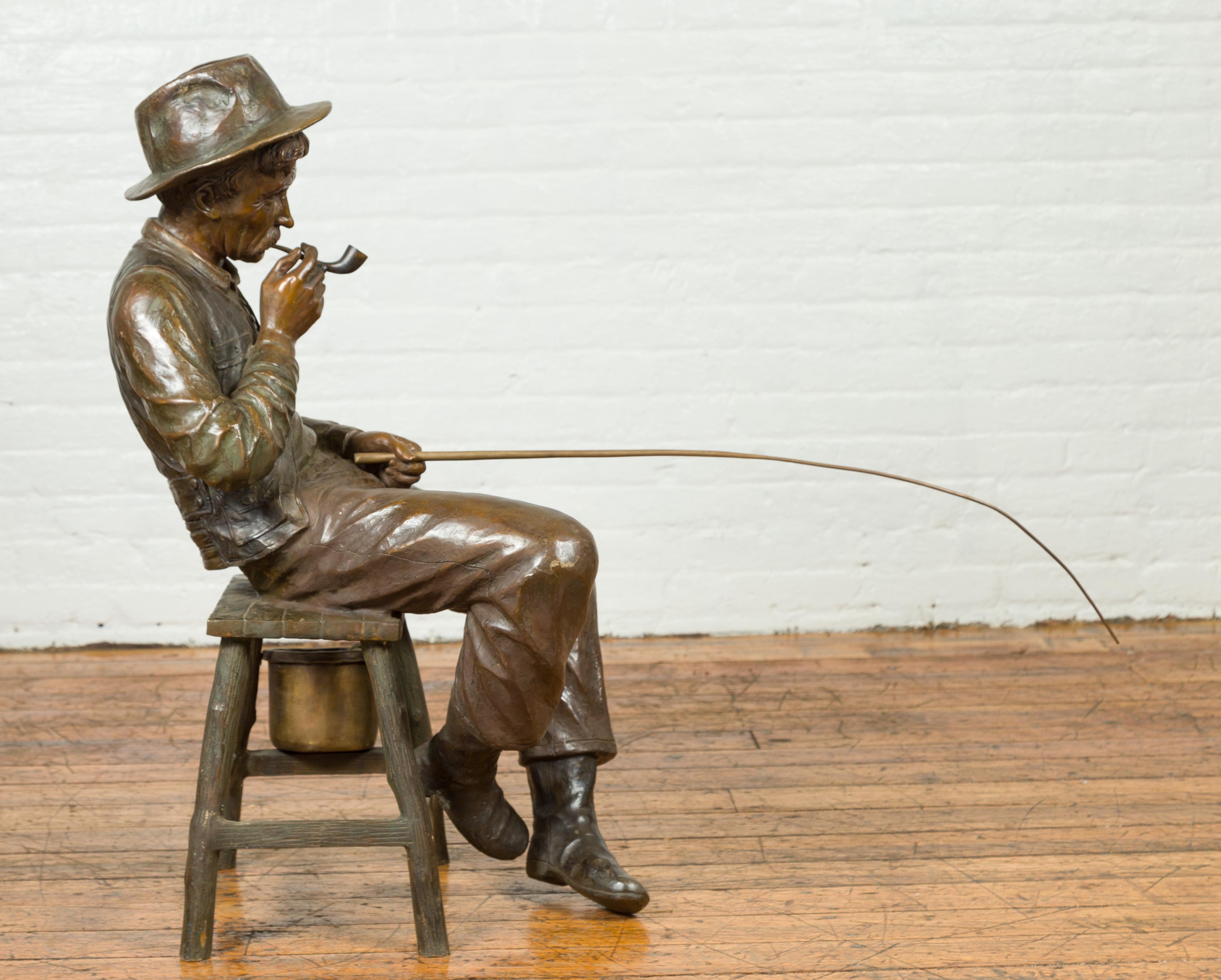 Vintage Bronze Sculpture of a Sitting Old Timer Smoking His Pipe and Fishing 3