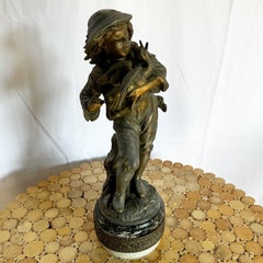 Vintage Bronze Sculpture of Boy on Marble Base