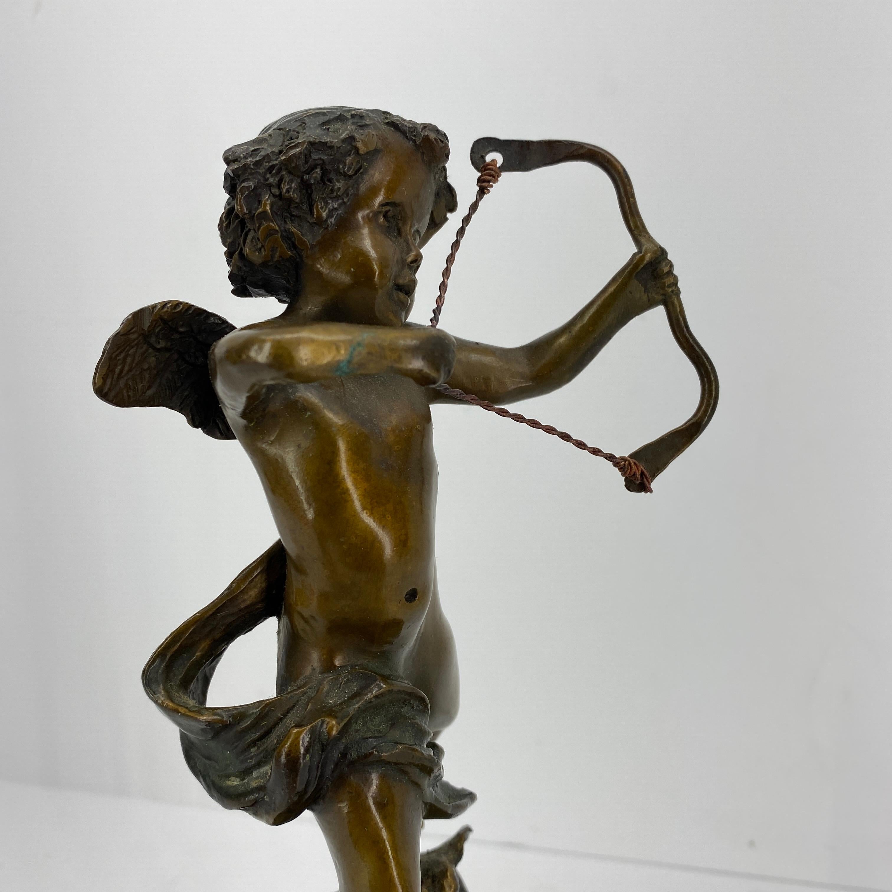 Vintage Bronze Sculpture of Cupid on Black Marble Base after Houdon 8